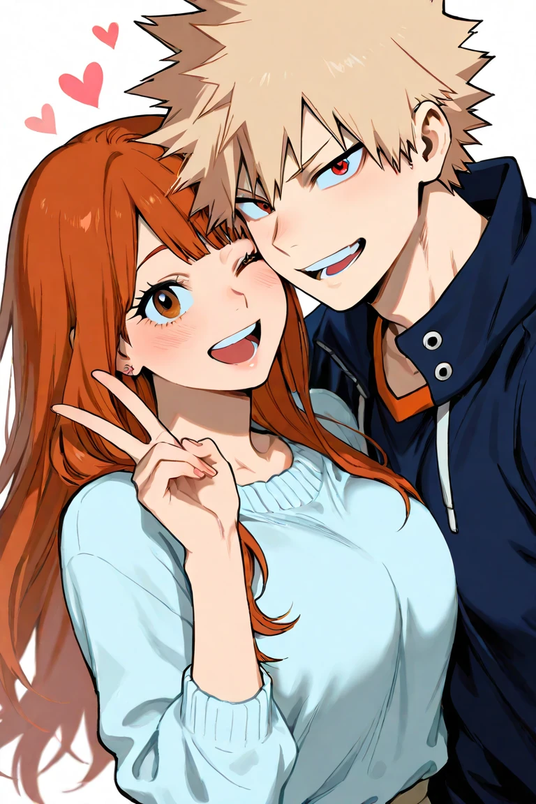 Bakugo katsuki, girl with long auburn hair, couple, hearts, in love ...