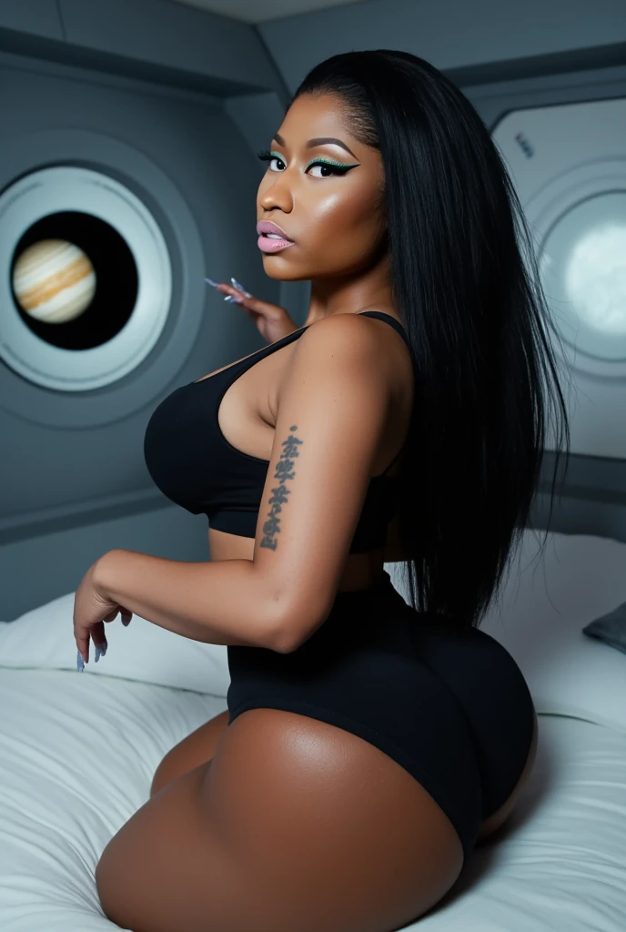 A 8k image of a exotic, celestial being of African decent  with African features. She is very curvy and her ethereal form shimmering with hues of stardust and galaxies, traverses the vast expanse of the cosmos on a glittering cosmic chariot. The image, a vibrant and surreal painting, nude rainbow-hued hair as she navigates through the universe. Her body looks perfect