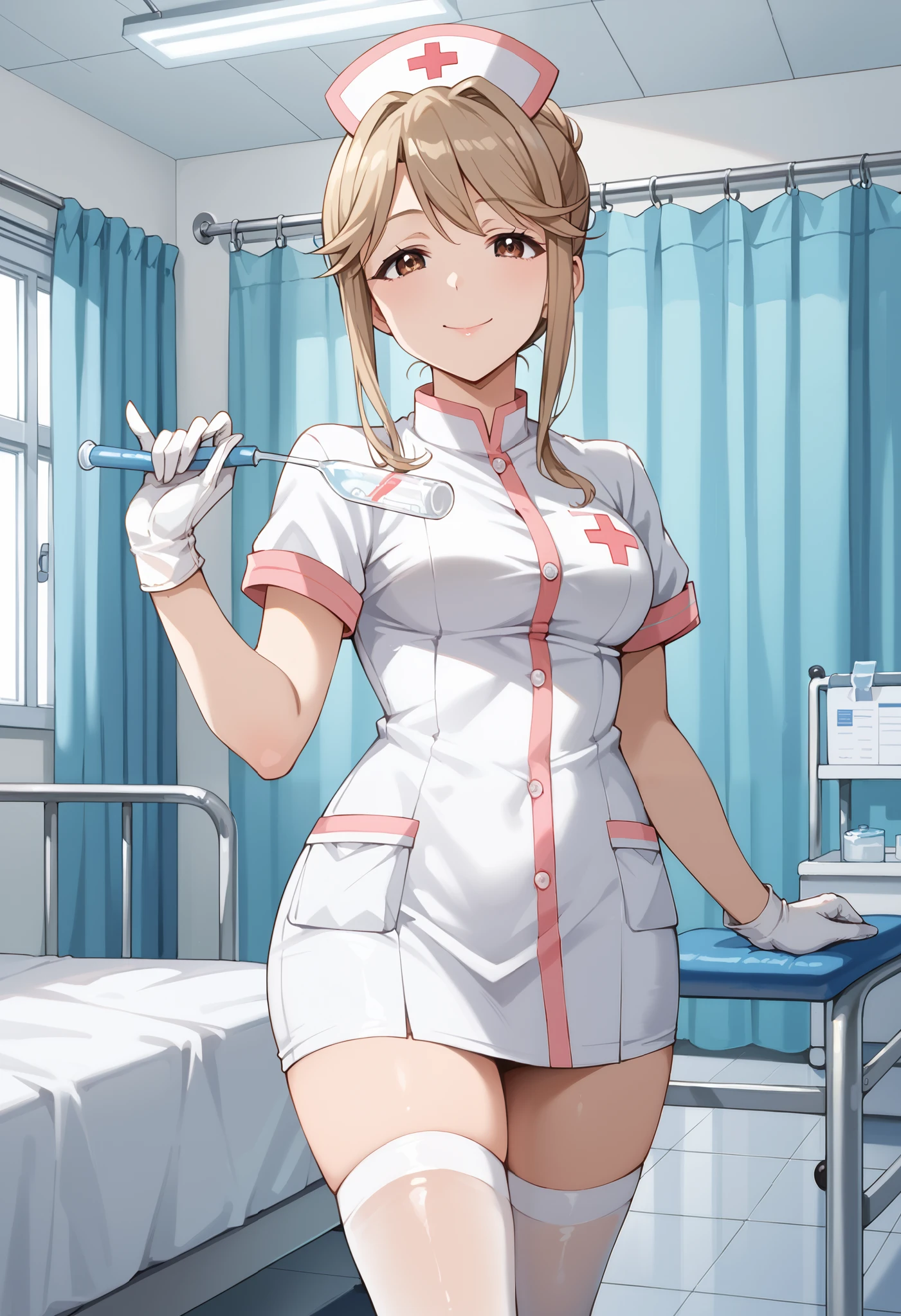 Score_9, score_8_up, score_7_up, source_anime, tenkubashi tomoka, solo, light brown hair, brown eyes, single hair bun, hair bun, sidelocks, (best quality), (high quality), {masterpiece}, extremely delicate and beautiful, ultra-detailed, beautiful detailed eyes, nurse, nurse hat, ((white nurse's outfit)), white gloves, white thighhighs, hospital room, smile, closed mouth, standing