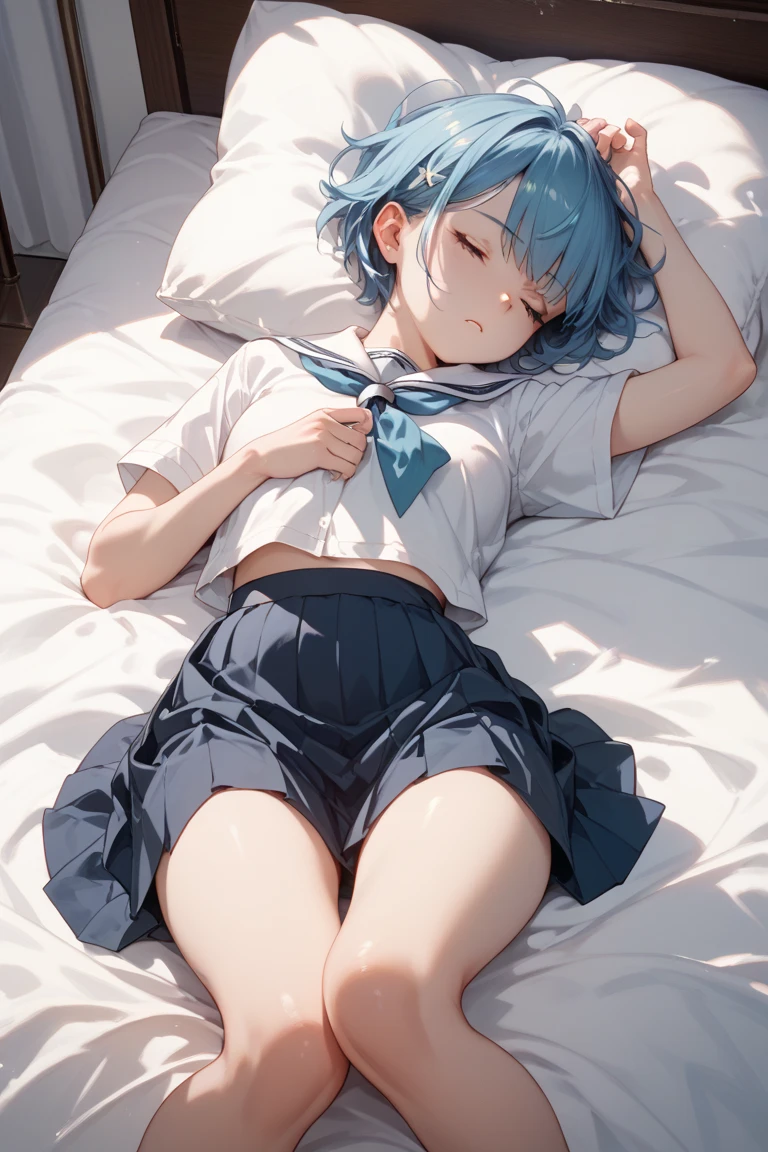 (8k, 最high quality)、Ultra-high resolution、Adorable、最high quality, beautiful, Absurd beauty,Ultra-high resolution、Bright blue hair、blue eyes、 girl、Small breasts、((Braided half bob hair))、uniform、Me in a knitted cardigan、Looks about 、 (cryin) ,Cute Characters, Most detailed, high quality、(missionary, 1boy, lying, vaginale, ass pov, sex, nsfw)、nose blush、steam、Oblique angle、Shiny Hair、非常に細かくてbeautiful明るい目、be scared、非常に精細でクリアでbeautiful顔, Being stripped of clothes、No clothes、Slender body、Awards, Anatomically correct、((Scared))