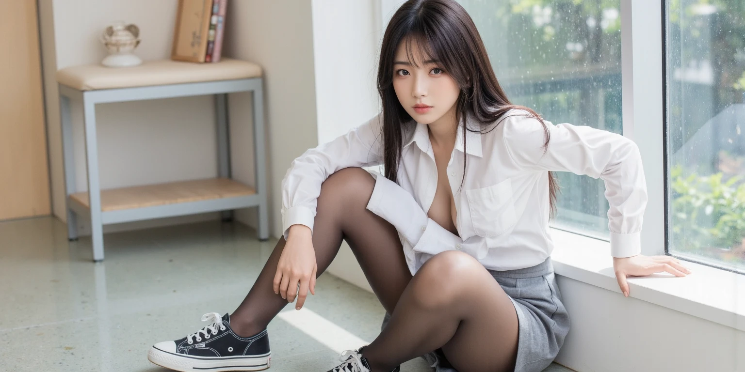 Girl white shirt short skirt black stockings realistic sitting position