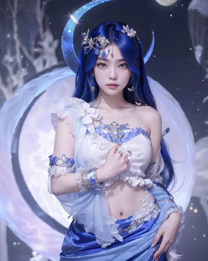 Blue sword girl before the full moon, beauty, temperamental, ((sexy, nude, chestless, white panties))), fairy fantasy, anime long-haired blue dress crown beautiful girl ((a beautiful fantasy empress)), full body fairy, court, Hanfu girl, inspired by Lan Ying, fairy fantasy, fairy tale, Kurosawa Jinyao, beautiful character painting