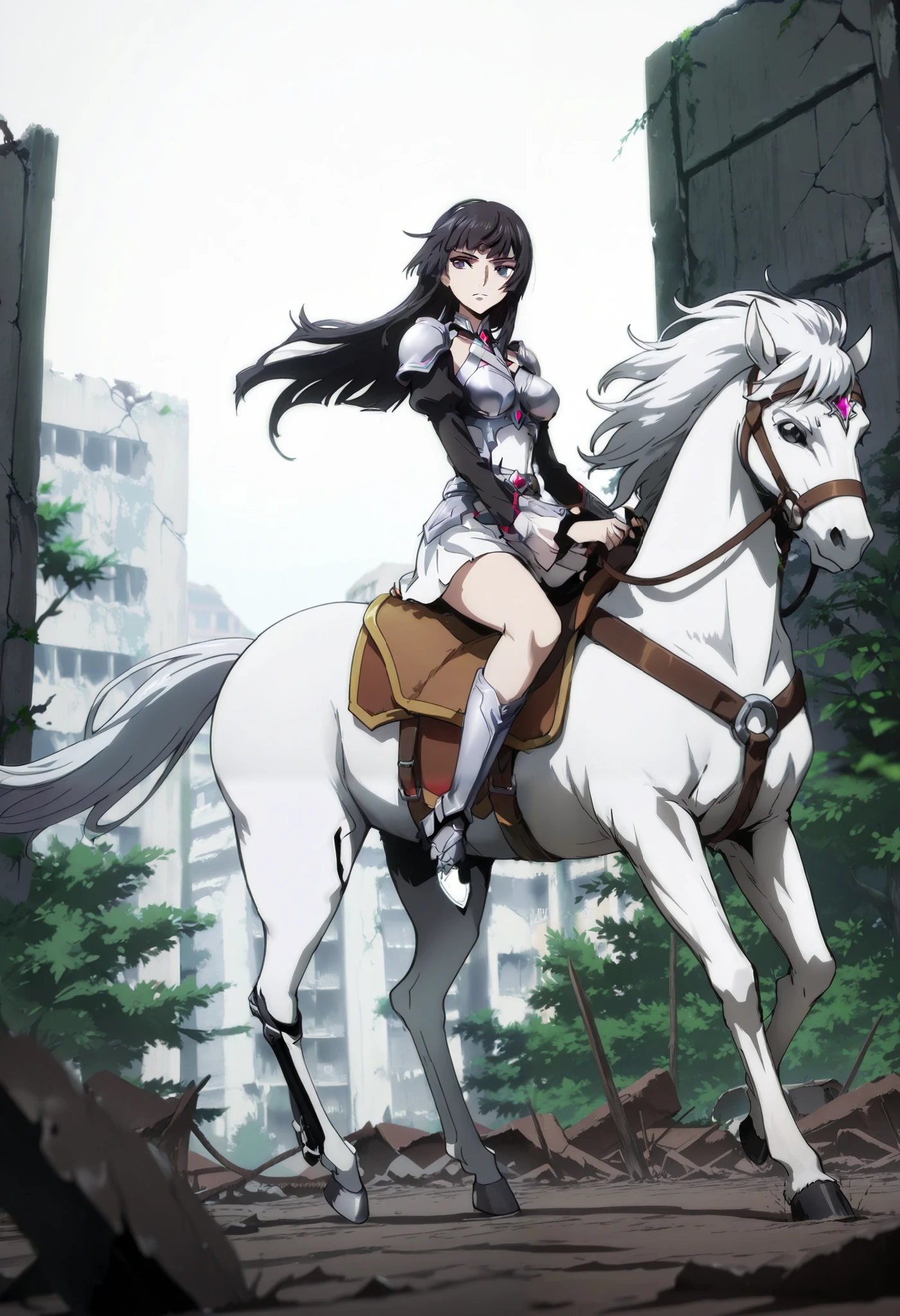  (masterpiece:1.3), (8K, best quality:1.3),, Highest image quality, intricate details, high resolution, depth field, Natural light, professional lighting, ((from front:1.5)), BREAK, kisyu, riding, horse, both hand holding rein, (a female knight riding a horse in forest city ruins full of moses, ((( kjosakuya, pink eyes, hime cut, long hair, {black hair}, medium breast]), (silver armor, silver shoulder pads, black sleeves, white miniskirt, gauntlet, gloves, bare legs, silver greaves)), ([white horse:1.2, white mane, long mane, black eyes, white tail, saddle, reins, bridle, stirrups, running), BREAK (forest, city ruins, walls covered with green moses, moses, fantasy settings:1, daylight), BREAK solo, FULL BODY, anatomically correct