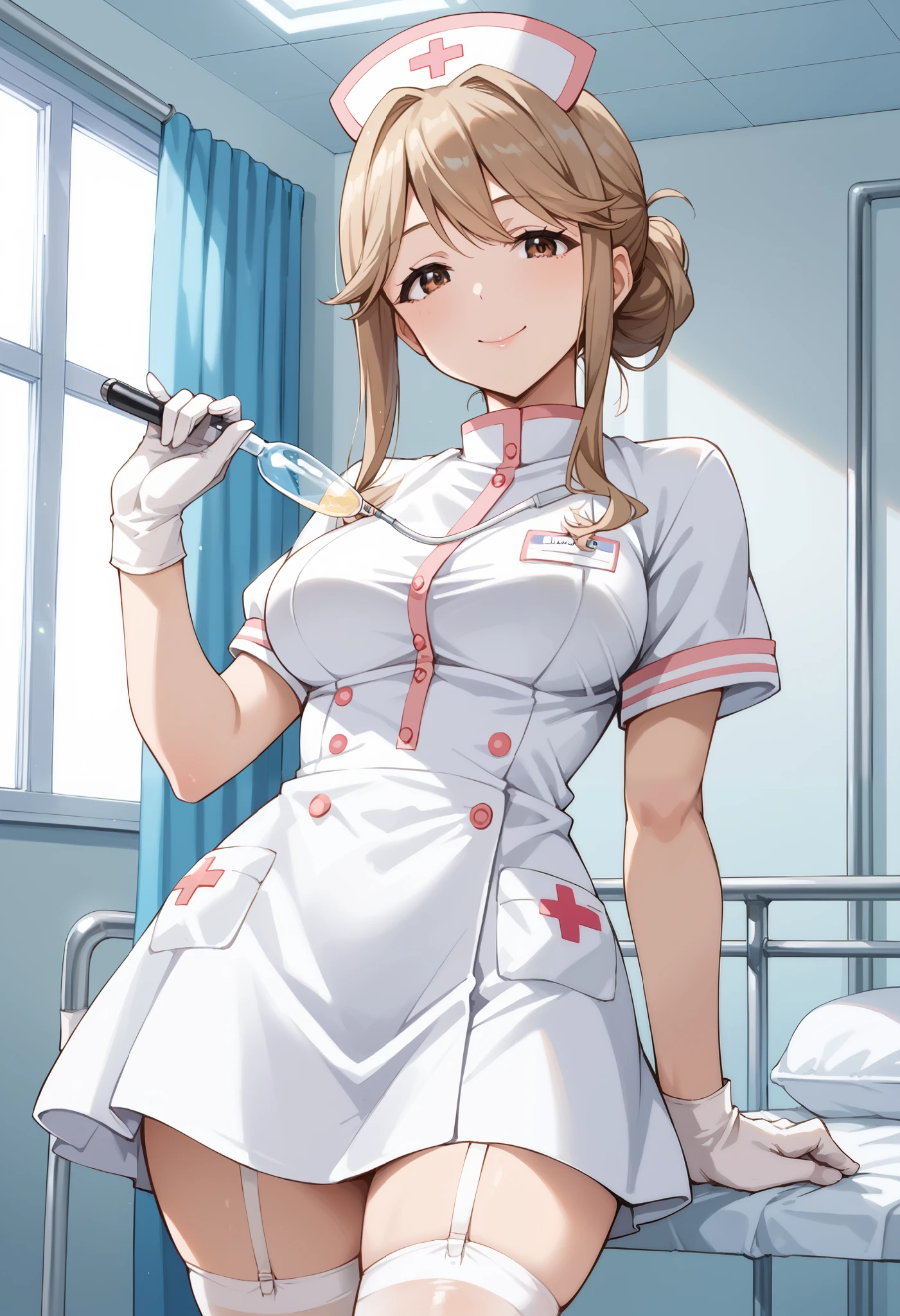 Score_9, score_8_up, score_7_up, source_anime, tenkubashi tomoka, solo, light brown hair, brown eyes, single hair bun, hair bun, sidelocks, (best quality), (high quality), {masterpiece}, extremely delicate and beautiful, ultra-detailed, beautiful detailed eyes, nurse, nurse hat, ((white nurse's outfit)), white gloves, white thighhighs, hospital room, smile, closed mouth, standing