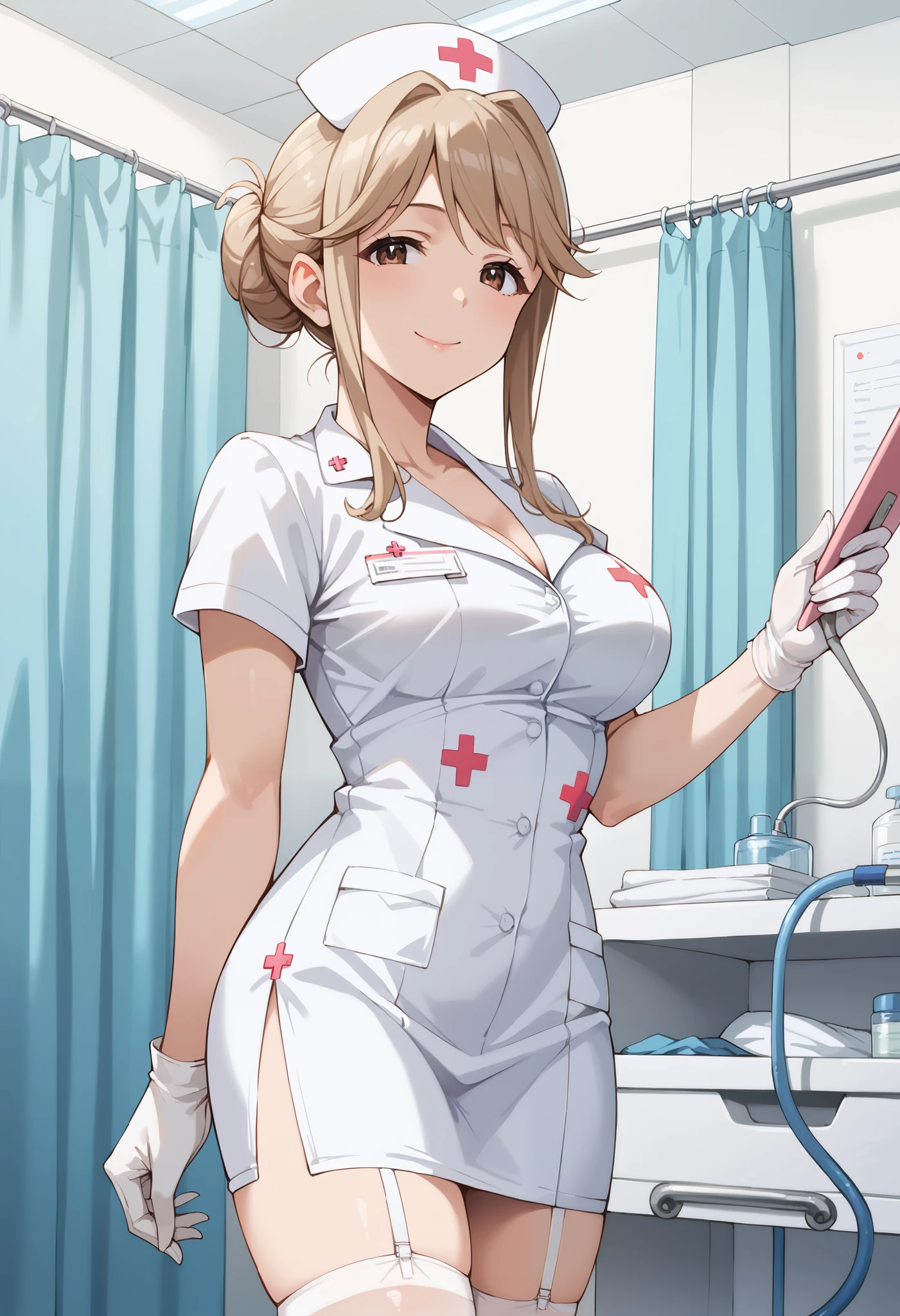 Score_9, score_8_up, score_7_up, source_anime, tenkubashi tomoka, solo, light brown hair, brown eyes, single hair bun, hair bun, sidelocks, (best quality), (high quality), {masterpiece}, extremely delicate and beautiful, ultra-detailed, beautiful detailed eyes, nurse, nurse hat, ((white nurse's outfit)), white gloves, white thighhighs, hospital room, smile, closed mouth, standing