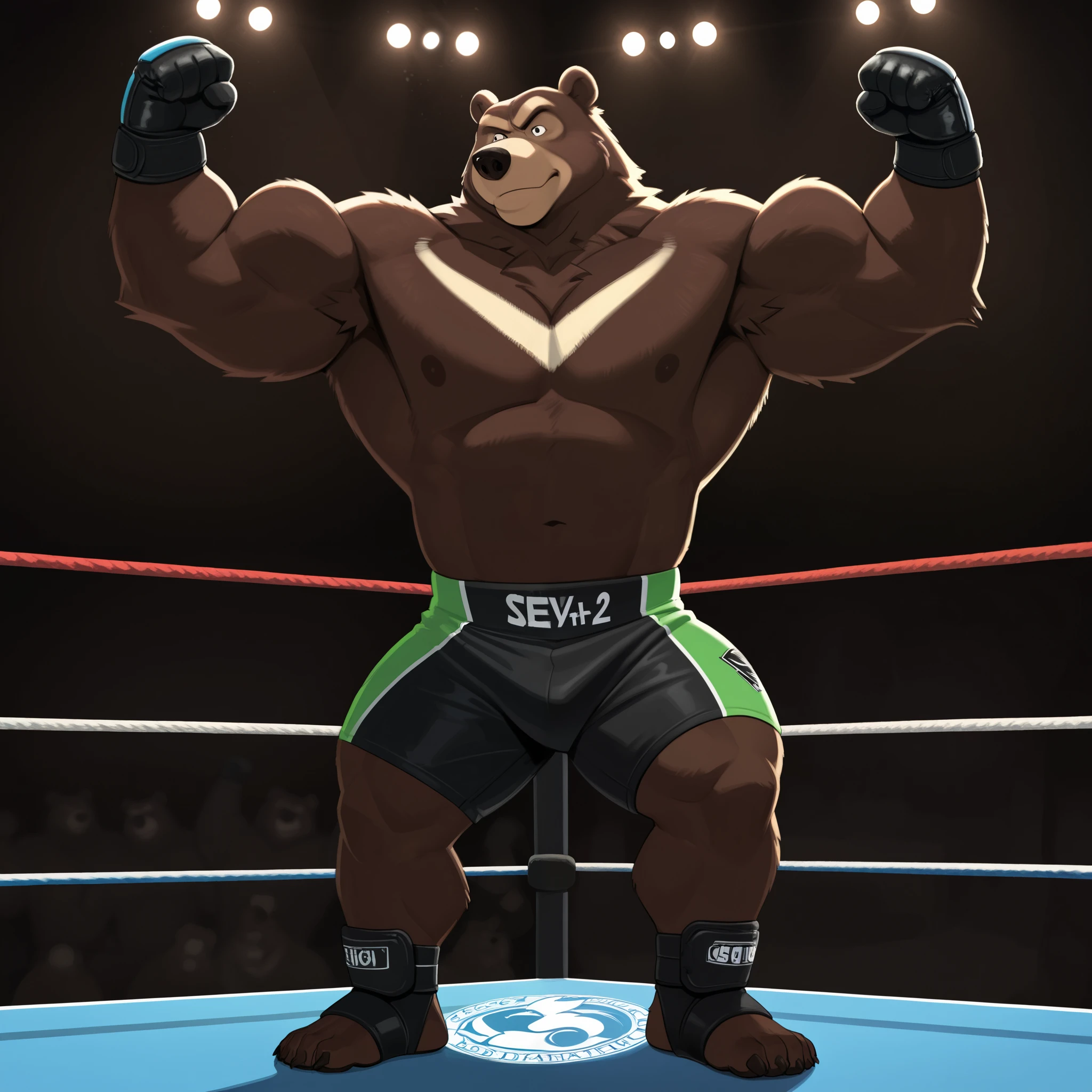 score_9, score_8_up, score_7_up, cartoon_style, ((by BodiPhantom)), 4k, 8k, The best quality, very well drawn, detailed, high quality, detailed, 4k, high resolution, high quality, high resolution, furry character, ursine, BodiPhantom, Himalayan bear, bear, boy, (sexy), thick arms, huge arms, 350lbs, (dark brown fur)), lights, fighting ring, stances, seething, on the caged ring, wearing black MMA shorts with green slits, MMA gloves with knuckle pads, ankle support brace,