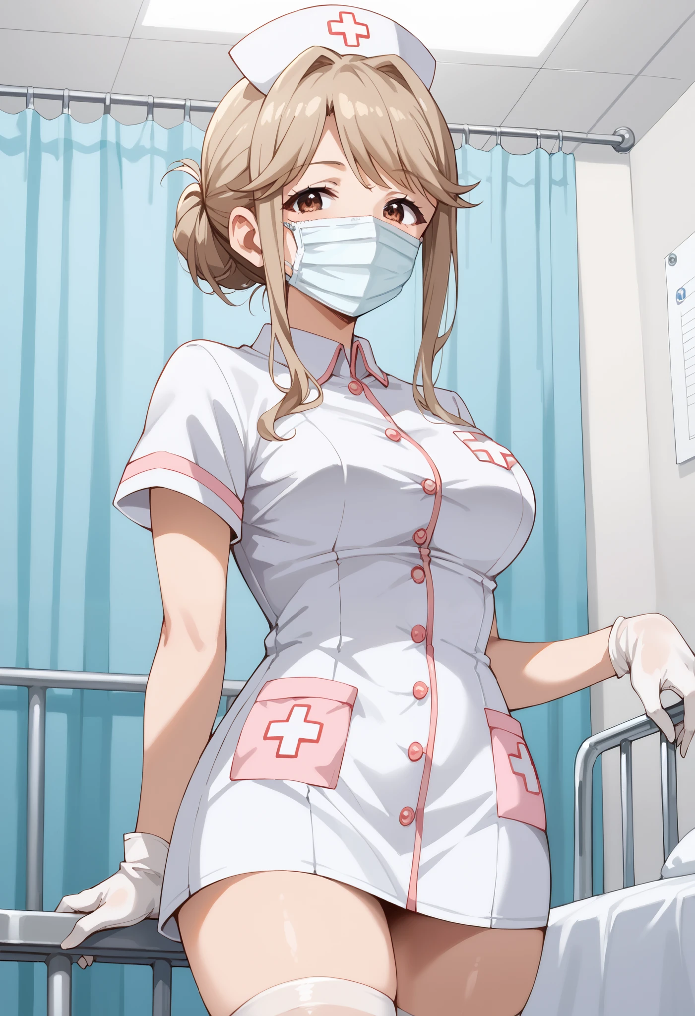 Score_9, score_8_up, score_7_up, source_anime, tenkubashi tomoka, solo, light brown hair, brown eyes, single hair bun, hair bun, sidelocks, (best quality), (high quality), {masterpiece}, extremely delicate and beautiful, ultra-detailed, beautiful detailed eyes, nurse, nurse hat, ((white nurse's outfit)), white gloves, white thighhighs, hospital room, ((white mask, mouth mask, covered nose)), standing