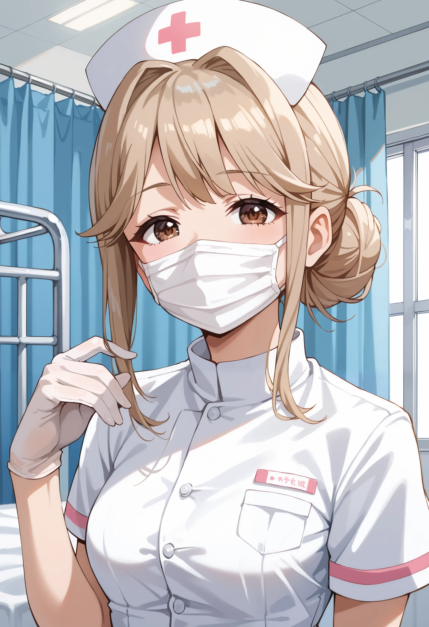 Score_9, score_8_up, score_7_up, source_anime, tenkubashi tomoka, solo, light brown hair, brown eyes, single hair bun, hair bun, sidelocks, (best quality), (high quality), {masterpiece}, extremely delicate and beautiful, ultra-detailed, beautiful detailed eyes, nurse, nurse hat, ((white nurse's outfit)), white gloves, white thighhighs, hospital room, ((white mask, mouth mask, covered nose)), standing