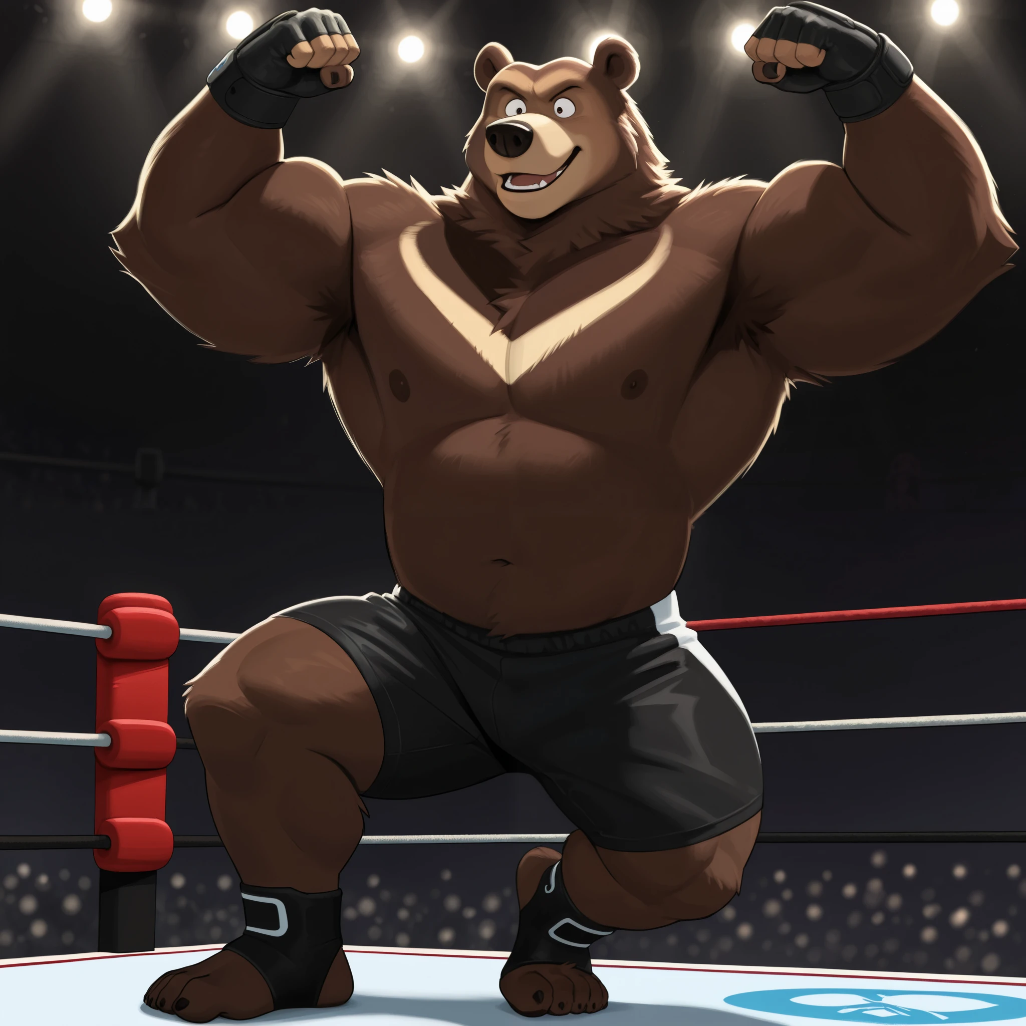 score_9, score_8_up, score_7_up, cartoon_style, ((by BodiPhantom)), 4k, 8k, The best quality, very well drawn, detailed, high quality, detailed, 4k, high resolution, high quality, high resolution, furry character, ursine, BodiPhantom, Himalayan bear, bear, boy, (sexy), thick arms, huge arms, 350lbs, (dark brown fur)), lights, fighting ring, stances, seething, on the caged ring, wearing black MMA shorts with green slits, MMA fingerless gloves with knuckle pads, ankle support brace, putting up his dukes