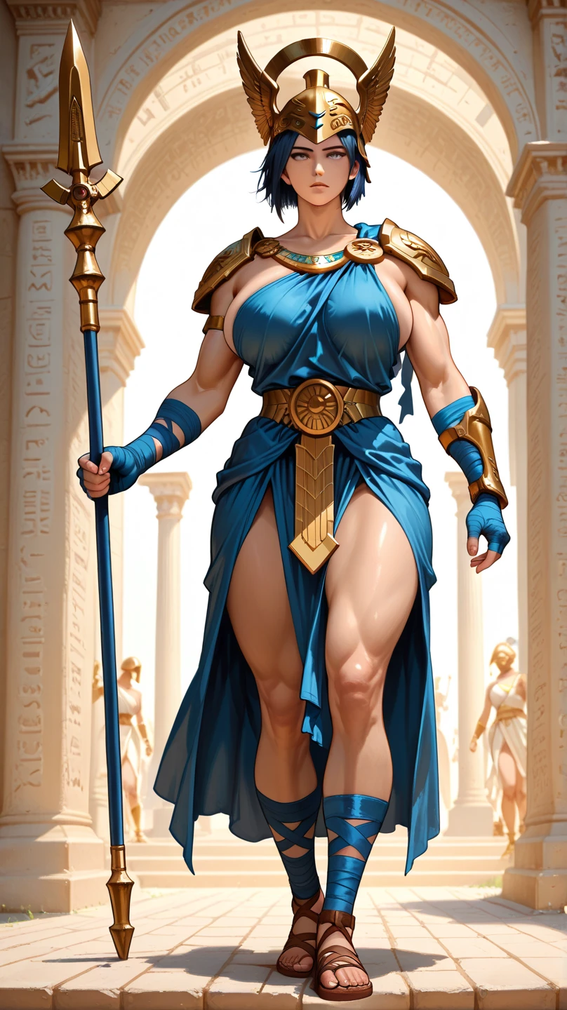 masterpiece, best quality, high quality, elf, long hair, pale hair, yellow eyes, purple skin, deep blue cape with golden ornaments (1solofemale full body standing straight symmetrical, hands on hips)