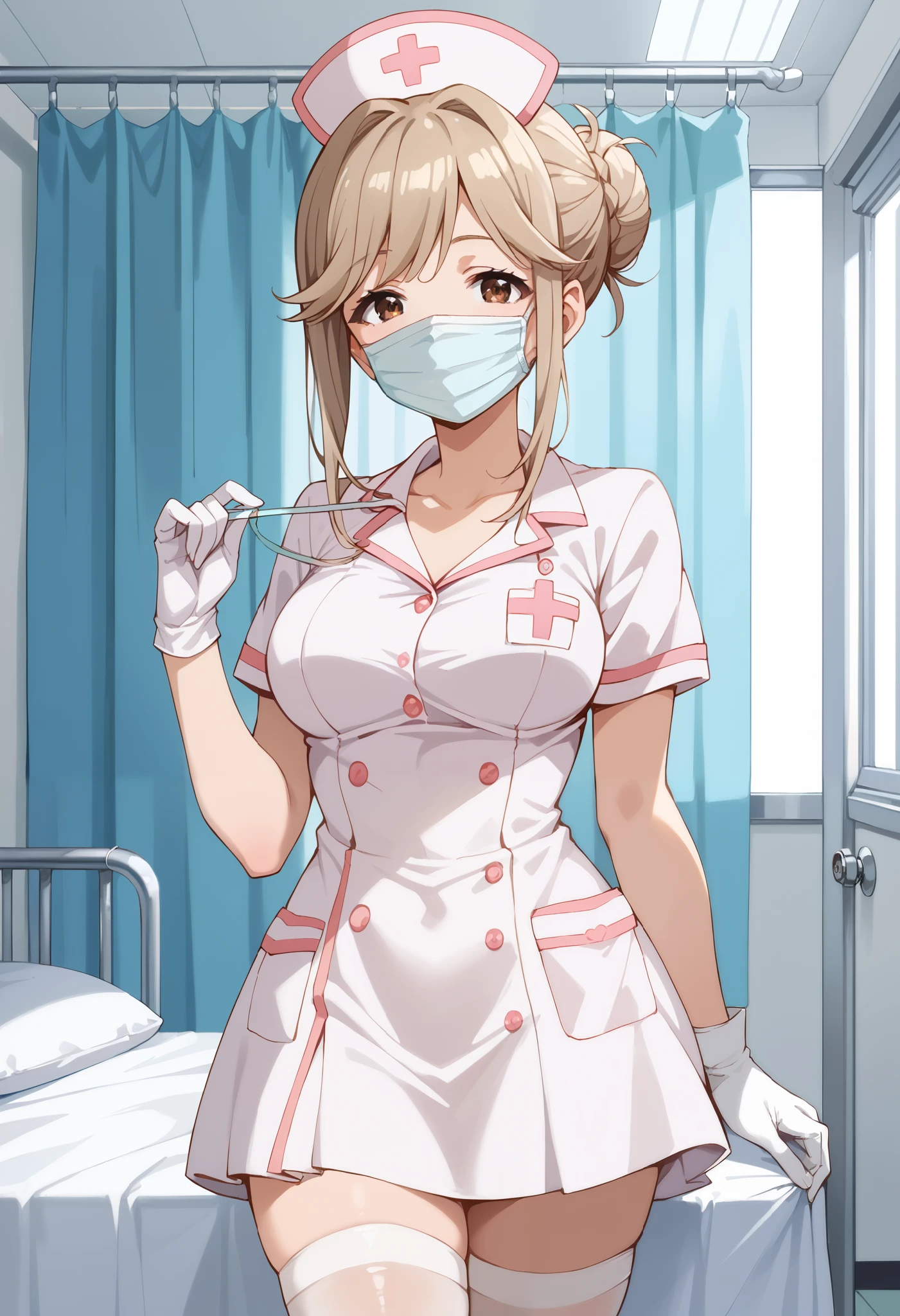 Score_9, score_8_up, score_7_up, source_anime, tenkubashi tomoka, solo, light brown hair, brown eyes, single hair bun, hair bun, sidelocks, (best quality), (high quality), {masterpiece}, extremely delicate and beautiful, ultra-detailed, beautiful detailed eyes, nurse, nurse hat, ((white nurse's outfit)), white gloves, white thighhighs, hospital room, ((white mask, mouth mask, covered nose)), standing