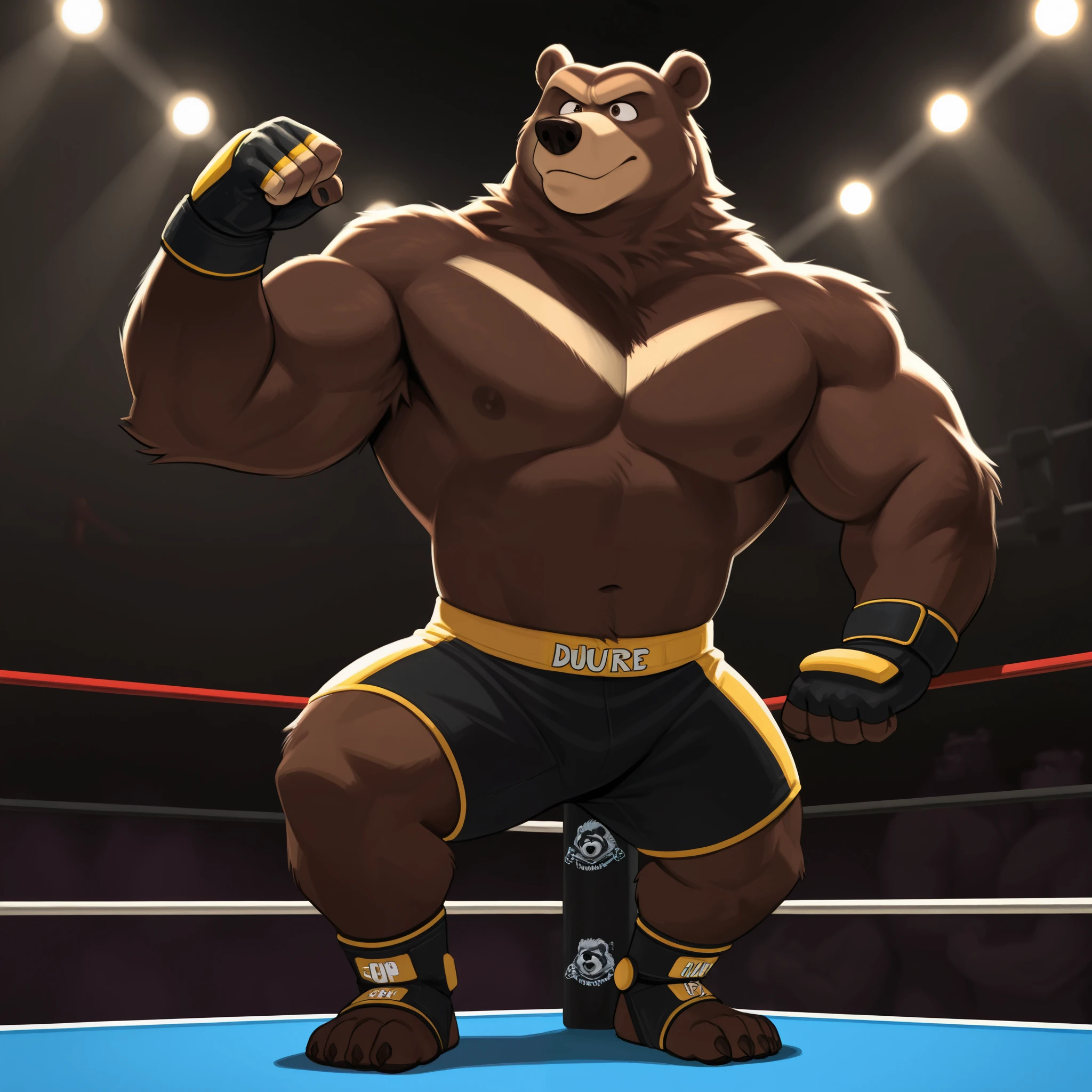 score_9, score_8_up, score_7_up, cartoon_style, ((by BodiPhantom)), 4k, 8k, The best quality, very well drawn, detailed, high quality, detailed, 4k, high resolution, high quality, high resolution, furry character, ursine, BodiPhantom, Himalayan bear, bear, boy, (sexy), thick arms, huge arms, 350lbs, (dark brown fur)), lights, fighting ring, stances, seething, on the caged ring, wearing black MMA shorts with green slits, MMA fingerless gloves with knuckle pads, ankle support brace, putting up his dukes, front view