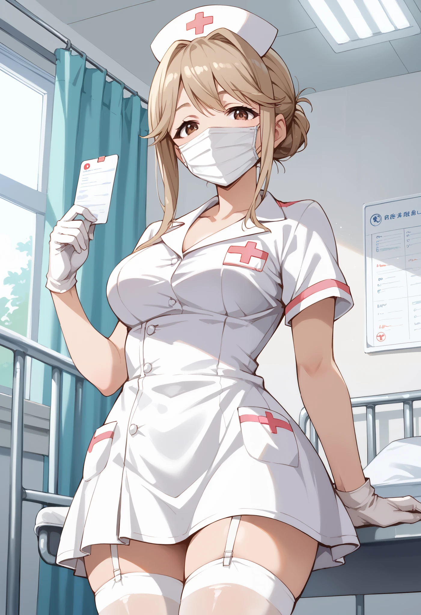1woman, nurse, nurse cap, white wear, ((white legwear, zettai ryouiki)), white gloves, blonde hair, blue eyes, ((White surgical mask, Cover the nose)), standing, ((hospital room)), sharp outline, short sleeves, mature female, 35 years old, best quality, masterpiece, infirmary