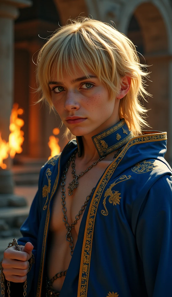 I create an image of a male role-playing character who has short messy blonde hair, golden eyes , a thin silver chain necklace with a silver scale pendant, a medieval black cloth outfit, a red cloth tied around the waist, some black bracelets have a very serene appearance and that of someone good who keeps secrets. A 1 from the medieval era of Arton rpg from Tormenta 20 digital art.