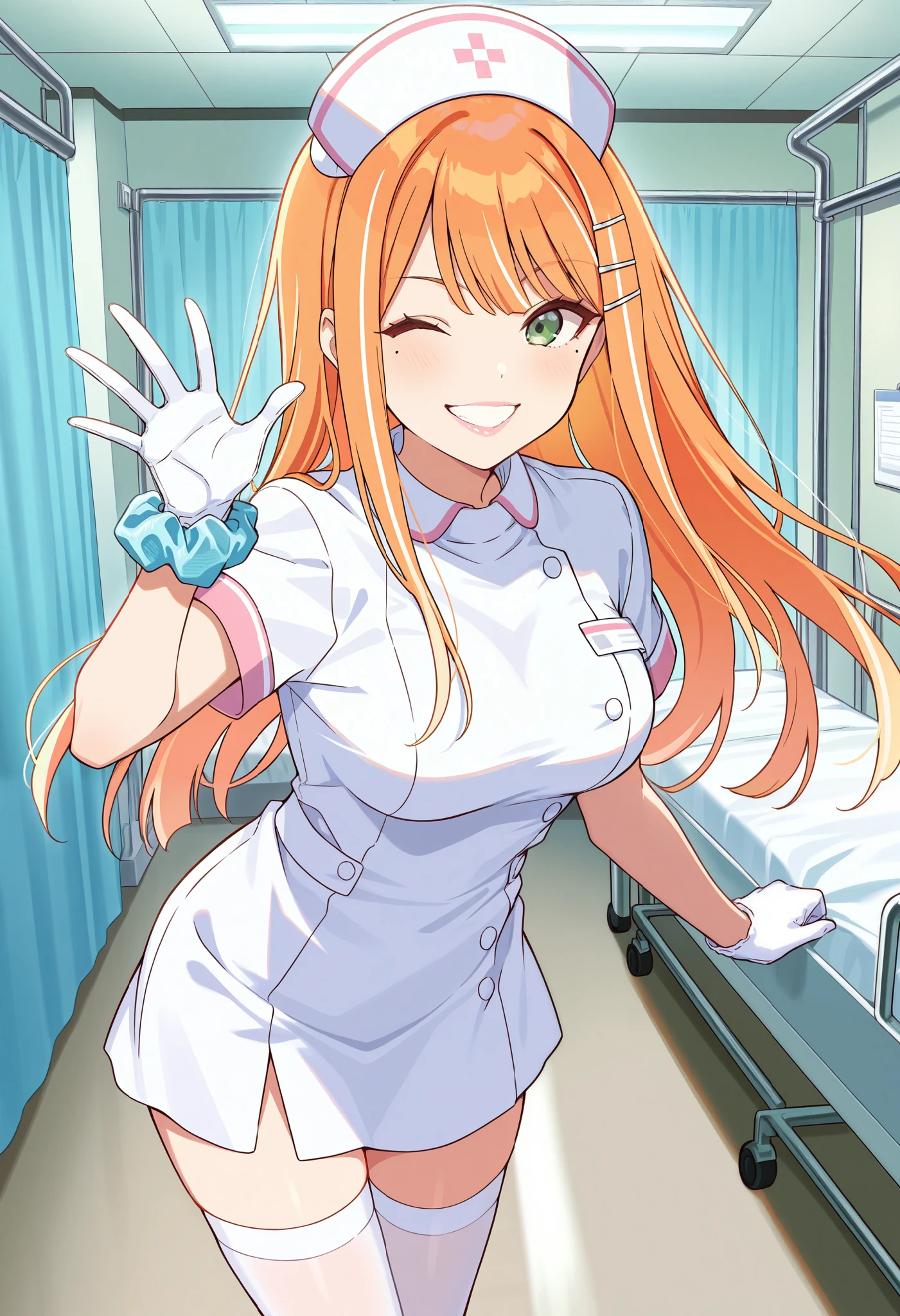 Score_9, score_8_up, score_7_up, source_anime, 1girl, shiun sumika, green eyes, long hair, wrist scrunchie, jewelry, orange hair, hairclip, mole under eye, medium breasts, (best quality), (high quality), {masterpiece}, extremely delicate and beautiful, ultra-detailed, beautiful detailed eyes, nurse, nurse hat, ((white nurse's outfit)), white gloves, white thighhighs, hospital room, pink lips, smile, teeth, one eye closed, standing