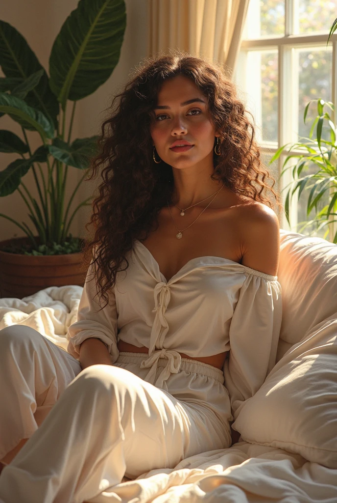 (photorealism:1.2), beautiful woman, sitting on bed, wearing loose off-shoulder top, pajama pants, long curly hair, indoors, soft lighting, plants in background, window with sunlight, cozy room, relaxed pose, realistic, intricate details, warm colors, by Greg Rutkowski, by Alphonse Mucha Spider qui se fait frappe par Venom