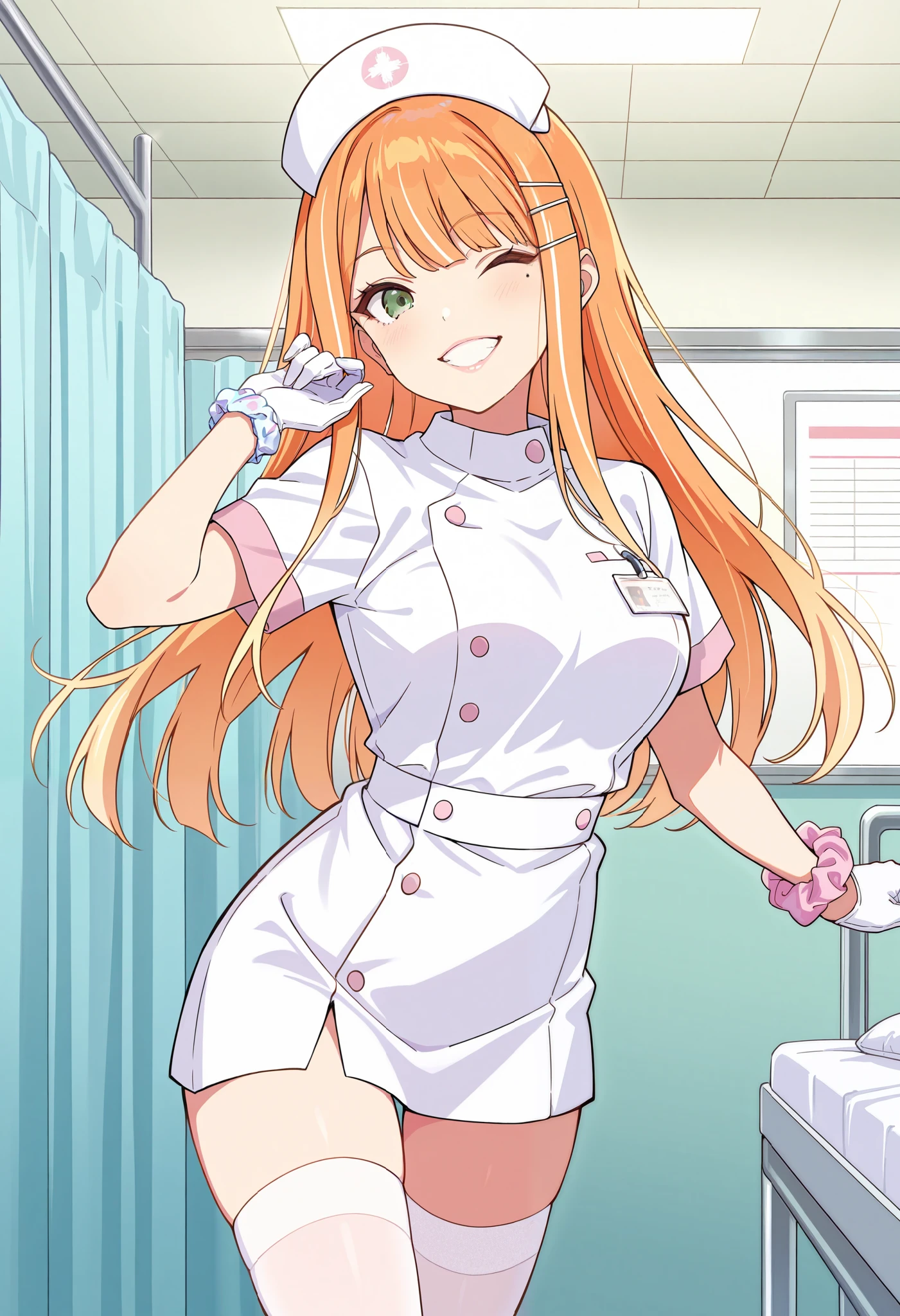Score_9, score_8_up, score_7_up, source_anime, 1girl, shiun sumika, green eyes, long hair, wrist scrunchie, jewelry, orange hair, hairclip, mole under eye, medium breasts, (best quality), (high quality), {masterpiece}, extremely delicate and beautiful, ultra-detailed, beautiful detailed eyes, nurse, nurse hat, ((white nurse's outfit)), white gloves, white thighhighs, hospital room, pink lips, smile, teeth, one eye closed, standing