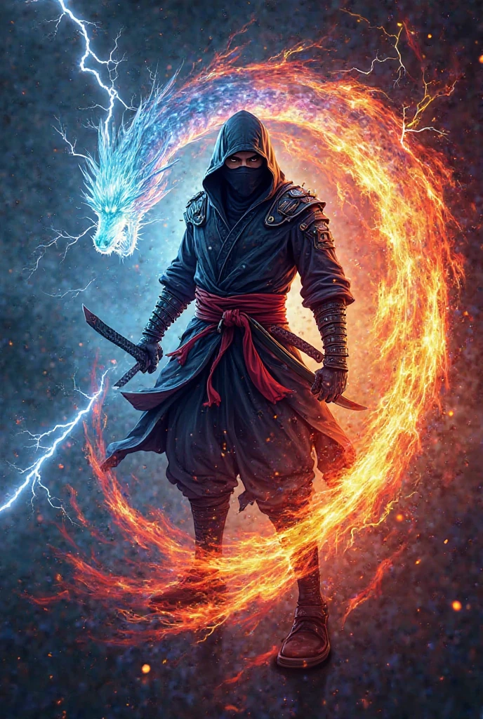 Blue dragon in ninja coustume with blue lightning & small fire