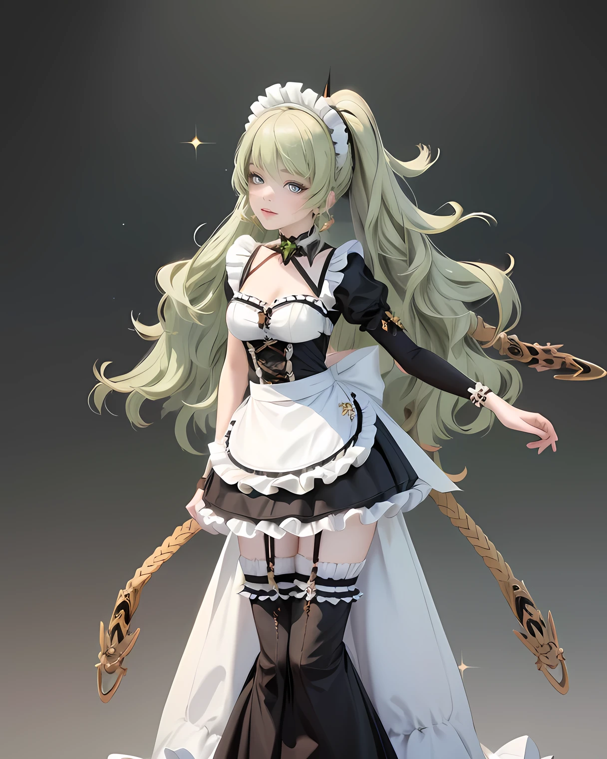 1girl, green hair, harness, black dress, solo, ponytail, ahoge, symmetrical gloves, harness, maid dress, collarbone, garter on the legs, stand up, white apron, maid dress, maid, streaked hair, thigh gap, harness, very long hair, solid background, maid uniform, full body, too many frills in her dress, magical girl, perfectly body, gold jewelry, harness, jewelry, Cute pose, beautiful ponytail, with big lips, freckles, glow eyes, long hair with long ponytail hair and bangs, perfect body, perfect hands, white boots, boots, frills, harness, maid uniform, maid dress, maid uniform, maid apron, garter on the legs, small skirt, lux dress, gold jewelry, solid background, best quality, blushing, maid uniform, maid headdress, maid dress with too many frills, ponytail, short skirt, sparkle, harness, centered girls, stand up, full body, glowing hair, magical girl, sparkles, more details on her clothes, golden details on her dress, harness, maid uniform