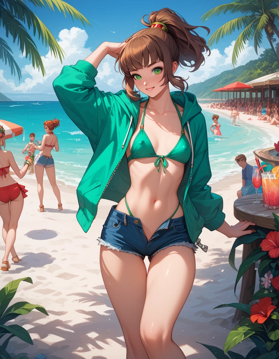 one person, Short Bob Hair, bionde, Earrings, necklace,bracelet,anklet,Waist Jewelry,Highest quality, Anatomically correct, Lens flare, High resolution, Highest quality, Attention to detail, 超High resolution, Wide-angle shot, far and near method, Swimwear,Put your hands forward to emphasize your chest,Red Bikini,Adult wheremen,where_Eva Green 01,8k octane, figure, Ghibli-style colors, Nipples are not drawn