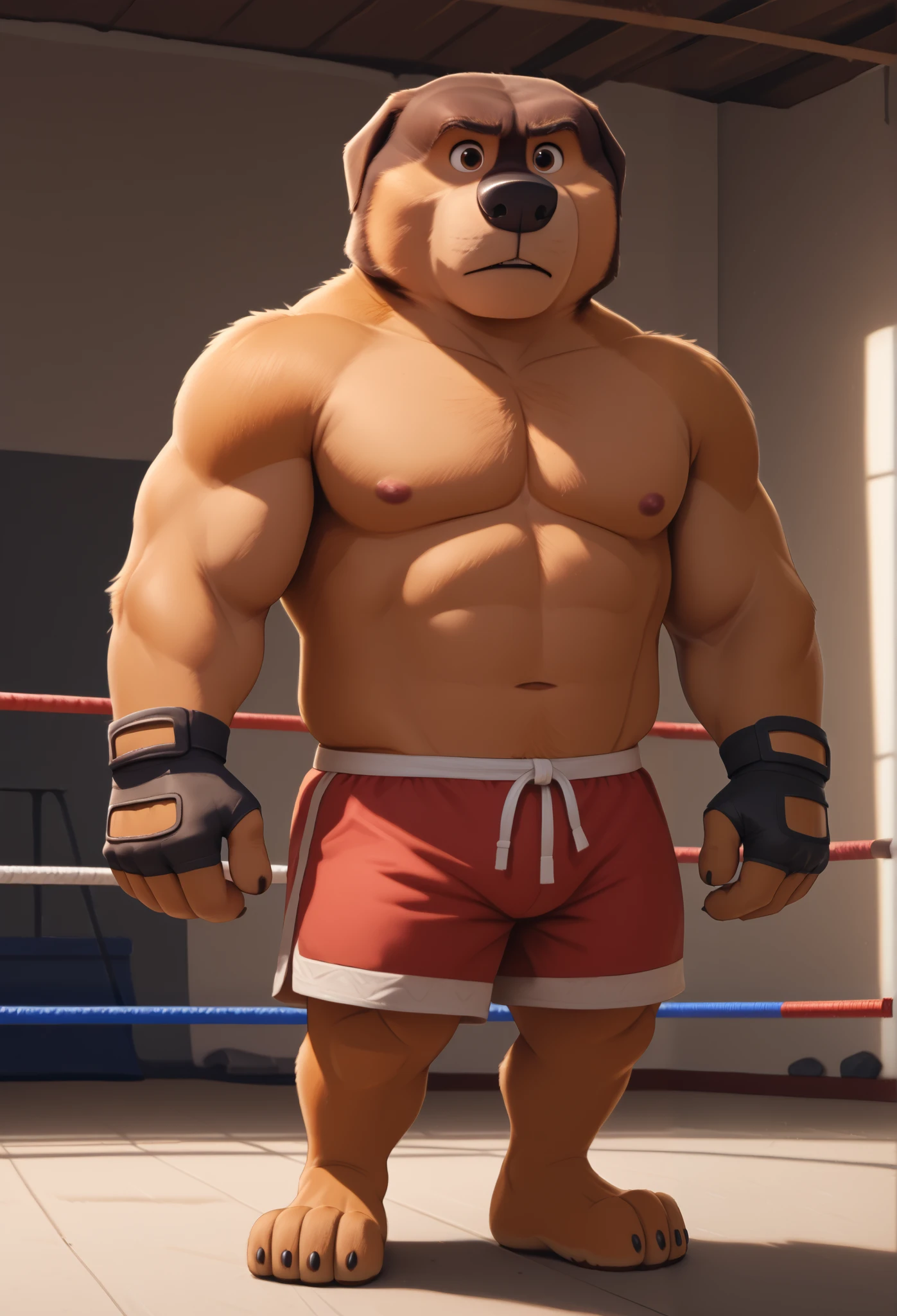 score_9, score_8_up, score_7_up, cartoon_style, ((by BodiPhant0m)), byBodiRDz, 4k, 8k, The best quality, very well drawn, detailed, high quality, detailed, 4k, high resolution, high quality, high resolution, Khampa, detailed, high quality, detailed, 4k, high resolution, high quality, high resolution, furry character, canine, 2d, solo, fighting arena background, rockdog, khampa, style rock dog, movie style, style[rockdog], rockdog, male, Tibetan mastiff, mastiff, dog boy, dog, khampa, Tibetan Mastiff with brown-and-tan fur with tan fur on his muzzle, hands, feet, black nose, brown eyes, middle aged muscular, Height: 6'10", Weight: 358lbs, shirtless, MMA shorts with green slits, MMA fingerless gloves with knuckle pads, fights, front view