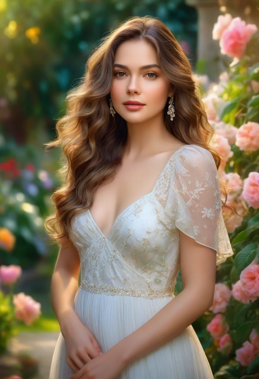 (best quality, realistic), vibrant colors, beautiful detailed eyes and lips, floral garden, sunlight, flowing dress, peaceful atmosphere, soft breeze, joyful expression, scenic landscape, natural beauty, artistic rendering.