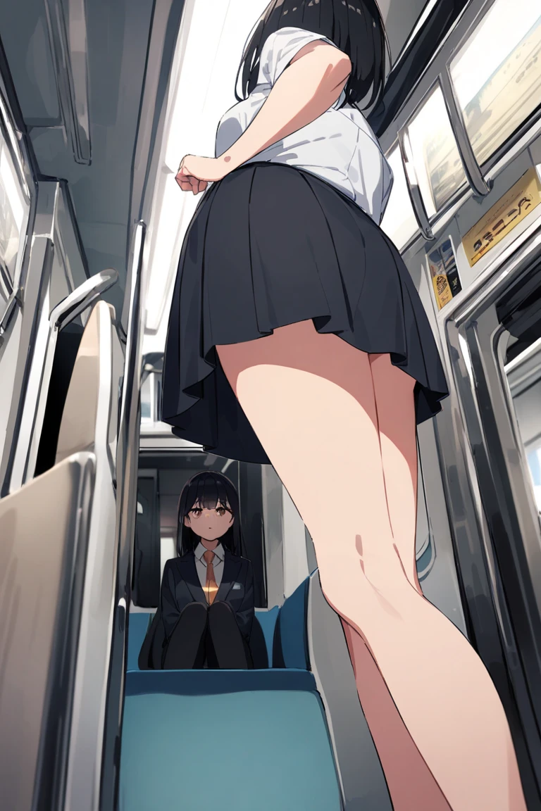 blue eyes, black short hair, high res, happy and excited girl, penis penetrate pussy, skinny legs, sex not noticed by large crowd, persons close on left and right side and behind and front, tiny girl, large crowd in background, long wet white sheer shirt, no panties, sheer crotchless pantyhose, airport