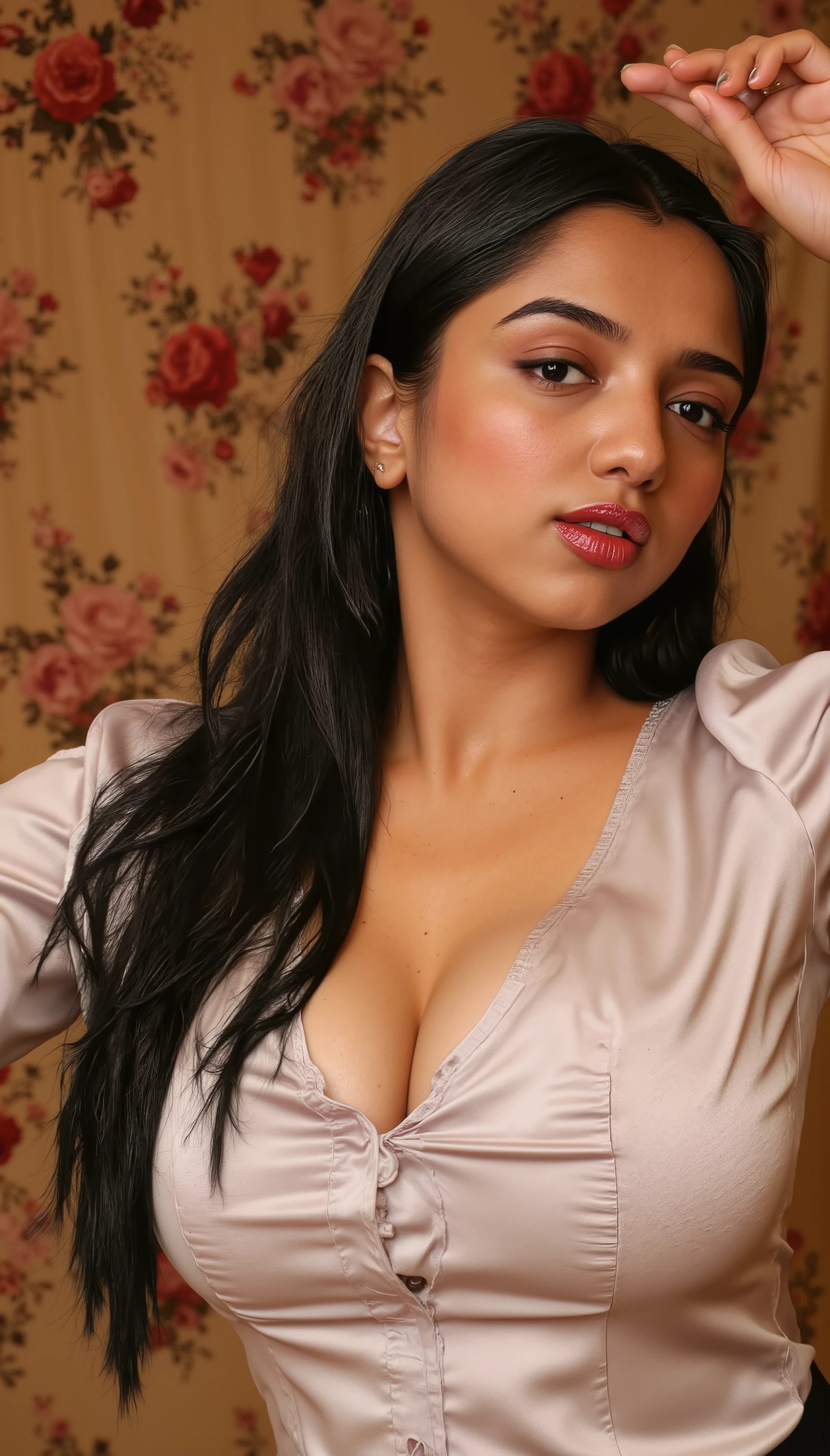 Trisha, face, trisha krishnan,trks woman, (closeup),Best quality, realistic, ultra high resolution, ((blouse)), 25 year old woman, average size, (((big cheeks, longer face))), fleshy , bedroom, selfie,(( beautiful fleshy face)), ((( ultrarealistic)))