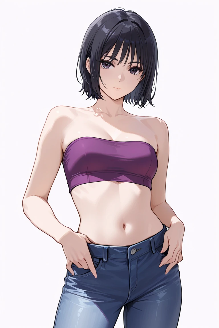 (hinata\(boruto\), (high quality, anime), ((wrestling outfit: premium bra for wrestling, sport arm strap, thong for wrestling)), ((slender woman, off-shoulders, (long belly), thick arms, super detailed body, smile)), ((pointing)), (medium-big breasts, cleavage), closed mouth), tan skin, ((floating hair, dark blue, short hair, hime cut، loose hair), (background: simple white background only), (background: simple white background only, windy)