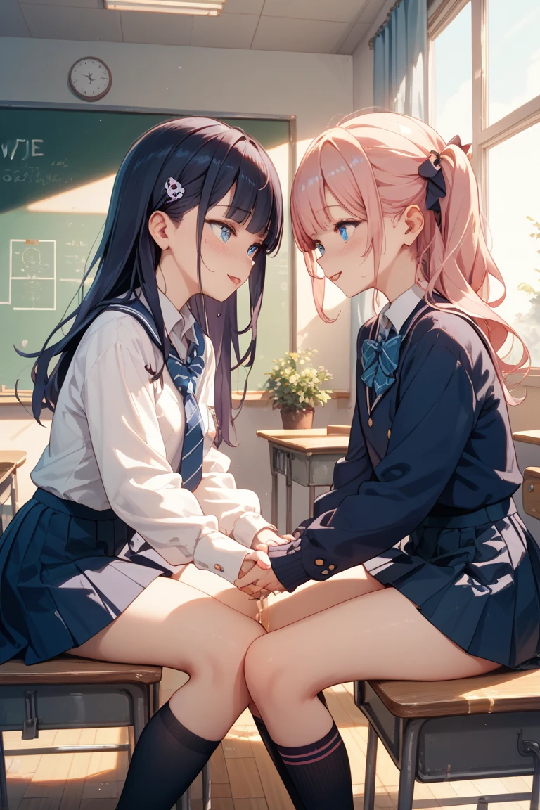 masterpiece, best quality, nsfw,
2girl, kiss,
summer , plaid skirt, purple hair, ponytail, embarrassed face,
classroom, sunset,