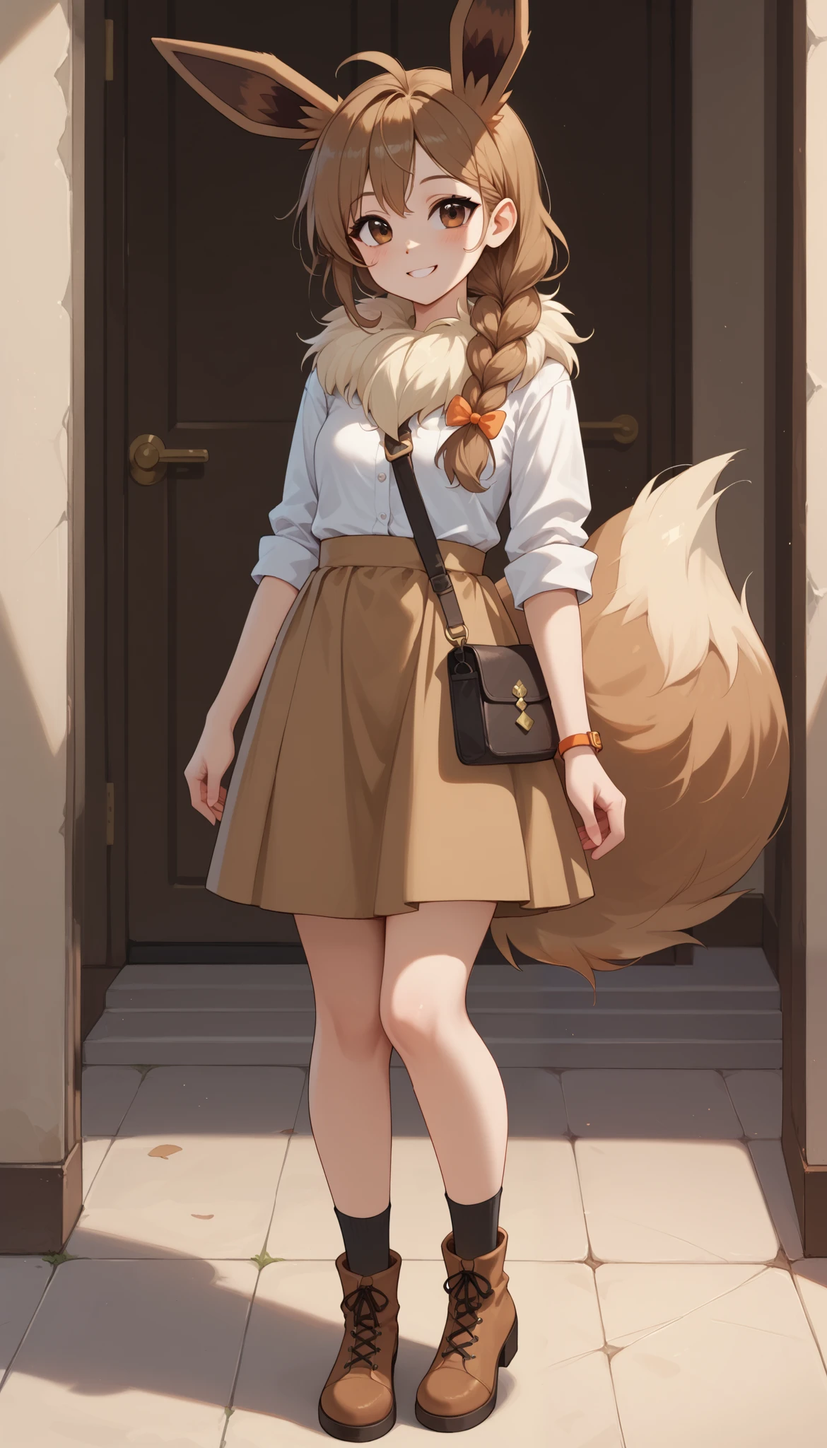 (Masterpiece) (High Detail) (High Res) A full body shot of A very short, cute and petite Human female with pale human skin and brown eyes and long brown braided hair and fluffy brown pointed Eevee ears and a long fluffy brown Eevee tail with a light tip and small breasts. She is smiling. Human with Animal Ears.