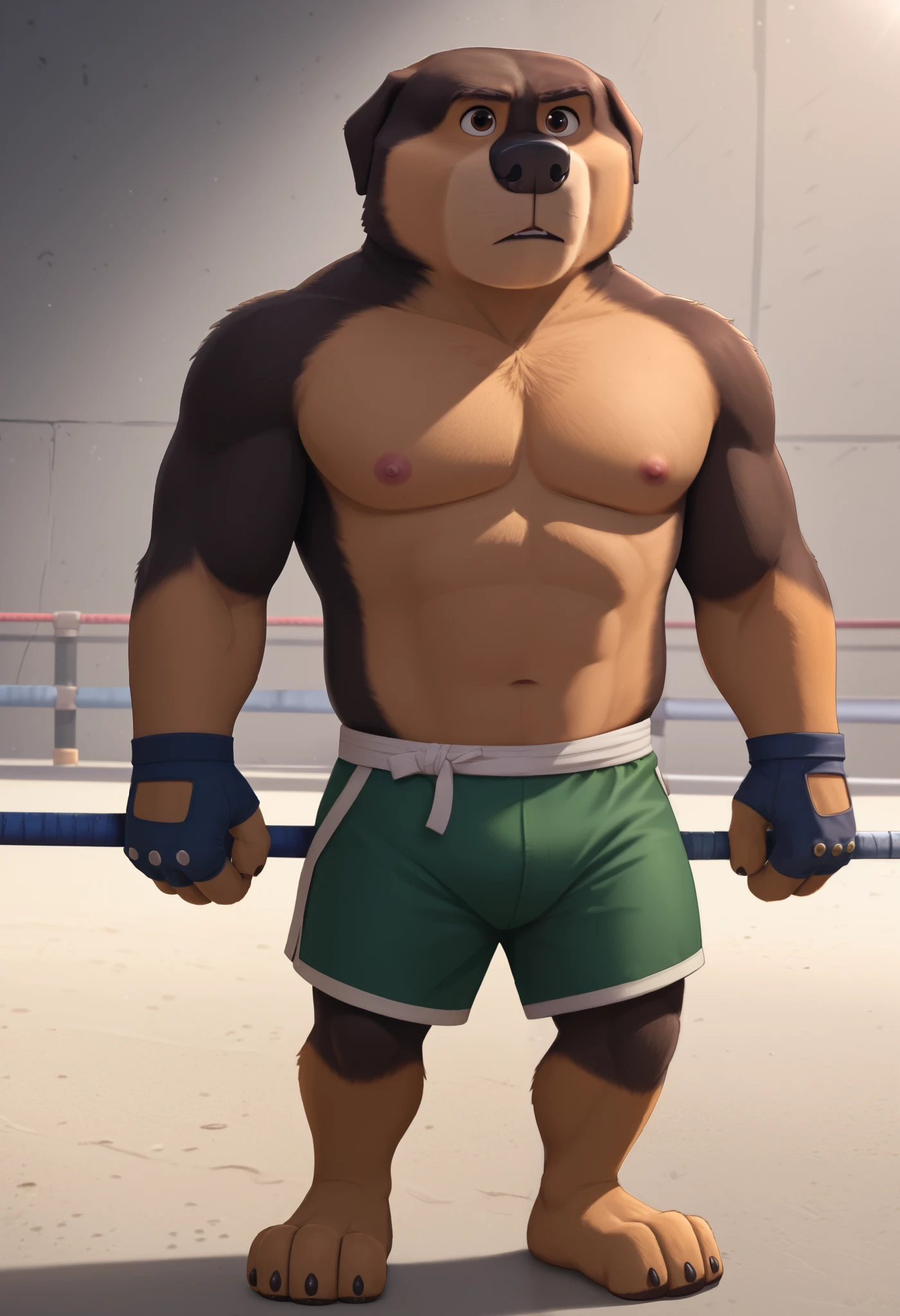 score_9, score_8_up, score_7_up, cartoon_style, ((by BodiPhant0m)), byBodiRDz, 4k, 8k, The best quality, very well drawn, detailed, high quality, detailed, 4k, high resolution, high quality, high resolution, Khampa, detailed, high quality, detailed, 4k, high resolution, high quality, high resolution, furry character, canine, 2d, solo, fighting arena background, rockdog, khampa, style rock dog, movie style, style[rockdog], rockdog, male, Tibetan mastiff, mastiff, dog boy, dog, khampa, Tibetan Mastiff with brown-and-tan fur with tan fur on his muzzle, hands, feet, black nose, brown eyes, middle aged muscular, Height: 6'10", Weight: 358lbs, shirtless, MMA shorts with green slits, MMA fingerless gloves with knuckle pads, fights, front view