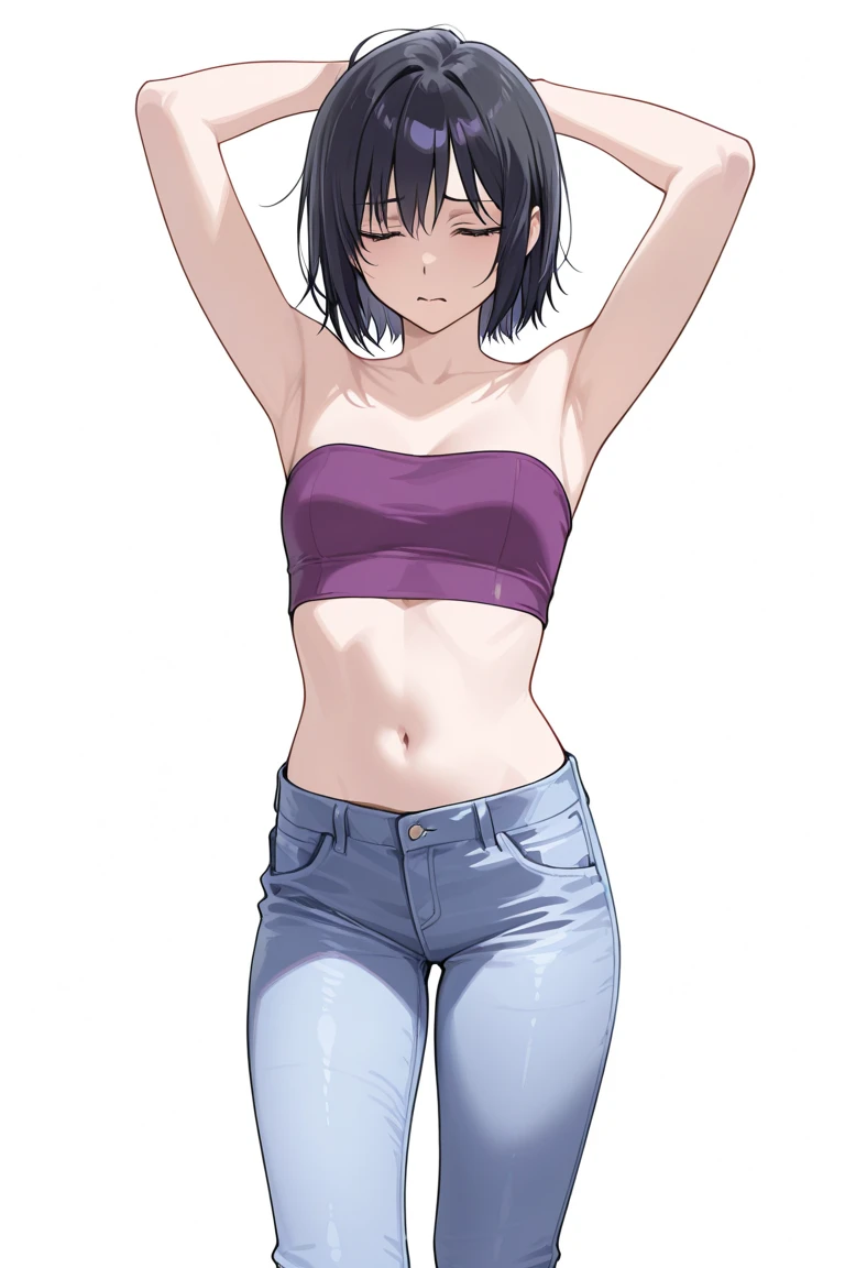 (hinata\(boruto\), (high quality, anime), ((wrestling outfit: premium bra for wrestling, sport arm strap, thong for wrestling)), ((slender woman, off-shoulders, (long belly), thick arms, super detailed body, smile)), ((pointing)), (medium-big breasts, cleavage), closed mouth), tan skin, ((floating hair, dark blue, short hair, hime cut، loose hair), (background: simple white background only), (background: simple white background only, windy)