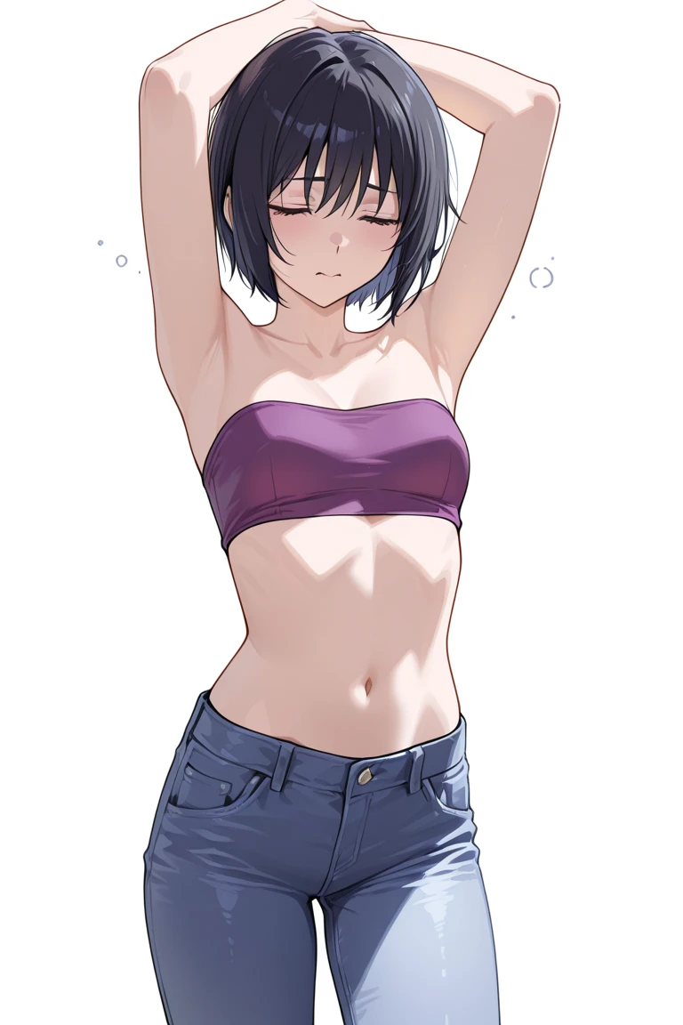 (hinata\(boruto\), (high quality, anime, standing), ((wrestling outfit: padded leather bra for wrestling, arm strap, arm strap, thong for wrestling)), ((slender woman, off-shoulders, (long belly), thick arms, super detailed body, smile)), ((welcoming)), (medium-big breasts, cleavage), closed mouth), tan skin, ((floating hair, dark blue, short hair, hime cut، loose hair), (background: simple white background only), (background: simple white background only, windy)