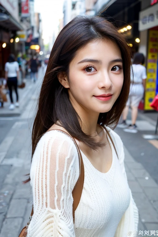 masterpiece,best quality,(Japanese ),((Beautiful girl)),cleavage,(perfect body beauty:1.2),(shy smile),beautiful teeth,(Shibuya scramble crossing),