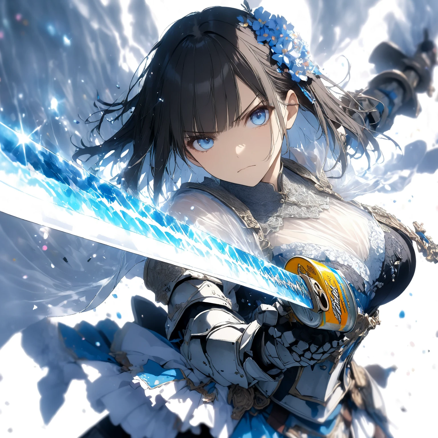 (Highest quality, 8k, 32K, masterpiece, Ultra-high resolution,:1.2),born, One girl,Super cute , Natural light,Clear, shining eyes, 20-year-old ,Fair skin, Girl with black hair, Woman warrior, Sexy pose, An innocent smile, A fantasy background reminiscent of an electronic world, Random hairstyle, Big Sword, Large shield, RPG,