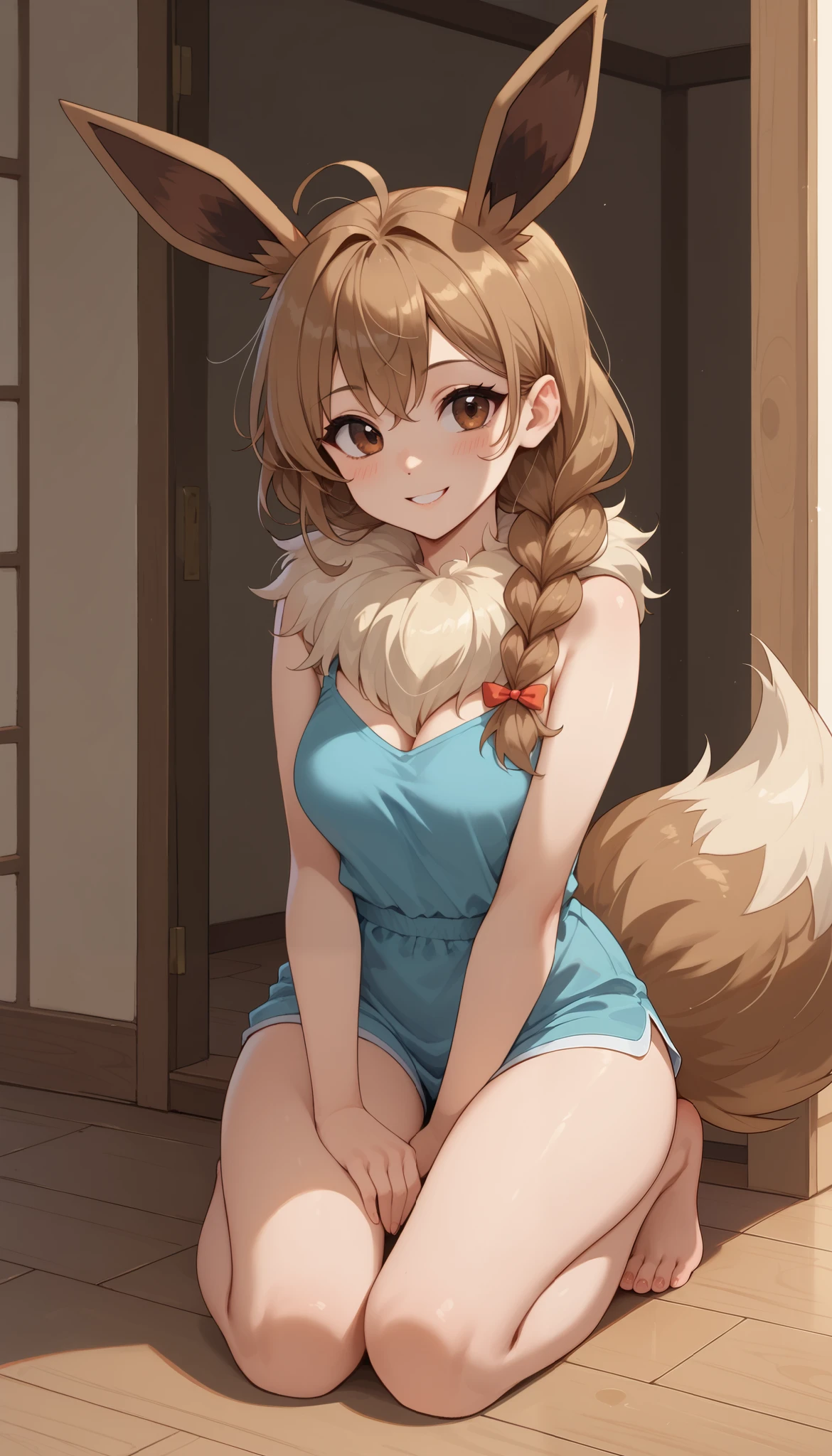 (Masterpiece) (High Detail) (High Res) A full body shot of A very short, cute and petite Human female with pale human skin and brown eyes and long brown braided hair and fluffy brown pointed Eevee ears and a long fluffy brown Eevee tail with a light tip and medium breasts. She is smiling. Human with Animal Ears.