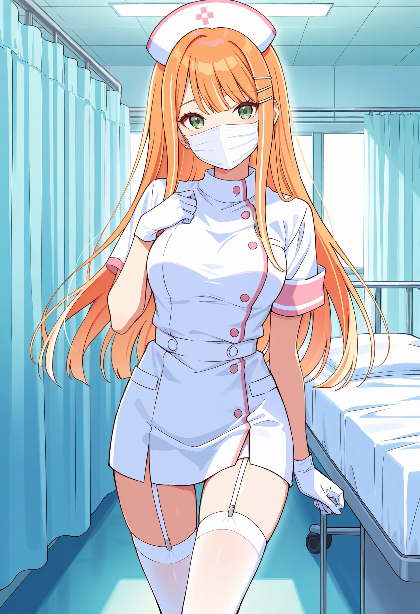 Score_9, score_8_up, score_7_up, source_anime, 1girl, shiun sumika, green eyes, long hair, jewelry, orange hair, hairclip, medium breasts, (best quality), (high quality), {masterpiece}, extremely delicate and beautiful, ultra-detailed, beautiful detailed eyes, nurse, nurse hat, ((white nurse's outfit)), white gloves, white thighhighs, hospital room, ((white mask, mouth mask, covered nose)), standing