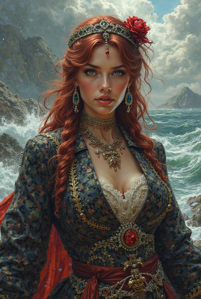 (absurderes, high resolution, ultra detaild), 1 girl, Zodiac sign - Goddess of Aries , standing alone, mellow, Baroque, long robe, longsleeve, chic, colorfully, More Detailed, trunk , sunset hair . fiery eyes . Coraggioso, intentional, productive, Enterprising Humanitarian Face .