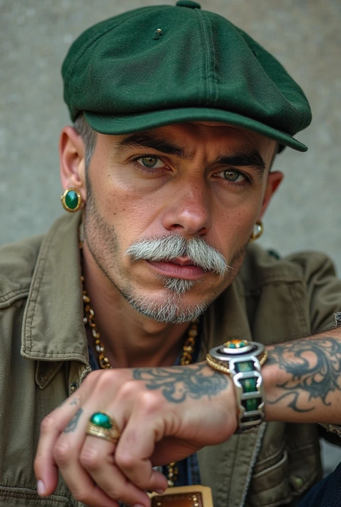 "A young man with a well-defined white mustache, appearing to be around 25 years old. He has a detailed tattoo on his right arm, that may be a tribal design or something symbolic. in your left hand, he wears an elegant ring with a large shiny green stone, reflecting light ,And a book being held in the hand and showing. He wears a stylish green cap, slightly leaning back. His expression is confident and mysterious, with a striking gaze. The background is neutral or urban, highlighting your unique presence."