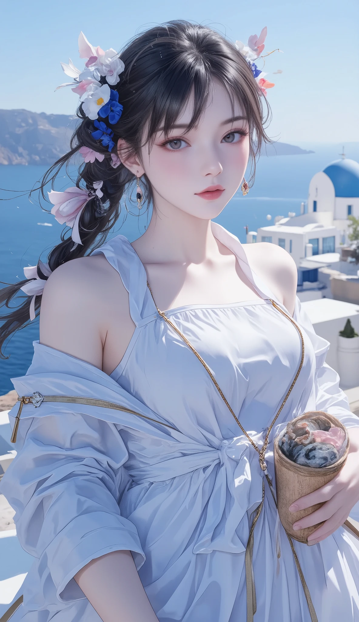masterpiece, Best Quality,ultra resolution, perfect anatomy from a shellfish, one woman、detailed face、White clothes、The city of Santorini、The perfect combination of blue and white、dramatic、dynamic、absurd、metaphysics