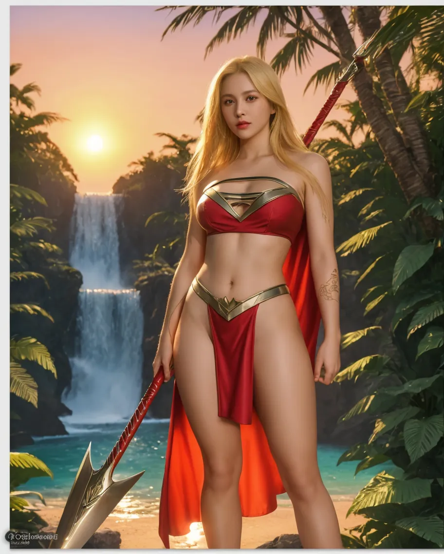 Against the backdrop of (lush jungle) and under the misty veil of (majestic waterfalls), the (radiant blonde warrior) sits on a rock, her gaze fixed directly on the camera lens. The (dark night sky) sparkles above, lit by the (fiery red moon). Red flames dance around her, casting a warm glow over her perfect physique. The (infernal bikini armor), adorned with highly detailed fire accentuates the perfect curves of her body. Her crown, made from infernal horns, sits atop her golden locks, as she sports a sultry smile. The gentle flow of the river creates a calming hum, while the warrior's confidence radiates through the cinematic frame.