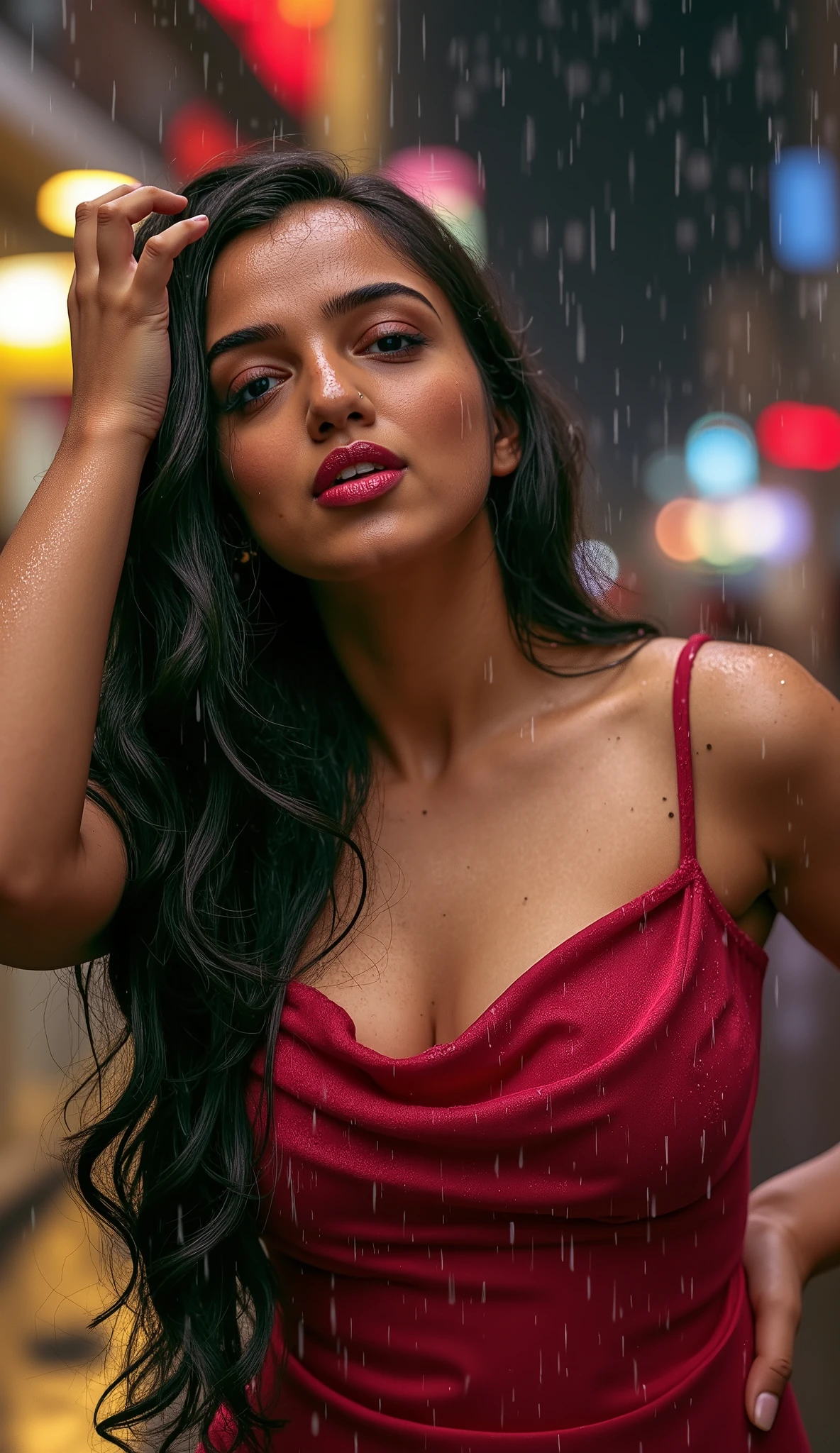 A **breathtakingly realistic woman** stands in the middle of a torrential downpour, her **long, jet-black hair completely drenched**, clinging to her face and shoulders. Water streams down her **smooth, glistening skin**, forming tiny rivulets that highlight the contours of her **curvaceous body**. Her **deep brown eyes**, framed by wet lashes, gaze forward with intensity, reflecting the soft glow of distant city lights.
She wears a **thin, soaked saree** that wraps tightly around her frame, the wet fabric turning semi-transparent, revealing the intricate embroidery of the blouse beneath. The delicate fabric sticks to her **hourglass figure**, emphasizing every subtle curve. Her **bare shoulders and collarbone shimmer** under the flickering streetlights, each droplet of rain catching the golden hues.
Her lips, slightly parted, are **rosy and damp**, glistening as she exhales gently, sending a wisp of warm breath into the cool, rain-filled air. Her **arms are raised slightly**, hands brushing back her wet hair, sending water droplets flying. **Tiny goosebumps** cover her arms and neck as the chill of the rain contrasts with the heat of her skin.
The rain, relentless and heavy, creates **a misty, ethereal glow around her**, while the distant neon lights reflect in the water puddles at her feet. **Lightning flashes in the sky**, illuminating the droplets suspended in the air, making them sparkle like tiny diamonds. Her **bare feet sink slightly into the muddy ground**, the wet earth clinging to her skin.
The entire scene is a **cinematic masterpiece**, combining the **raw sensuality of rain-drenched beauty** with the intensity of nature’s fury. Every detail, from the **texture of her wet skin** to the individual **water beads running down her curves**, is captured in stunning **ultra-HD clarity**.