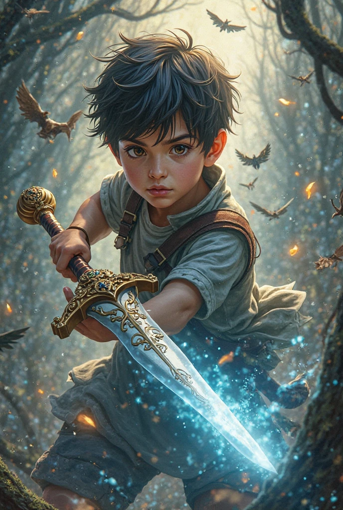 The short-armed person is holding two swords.