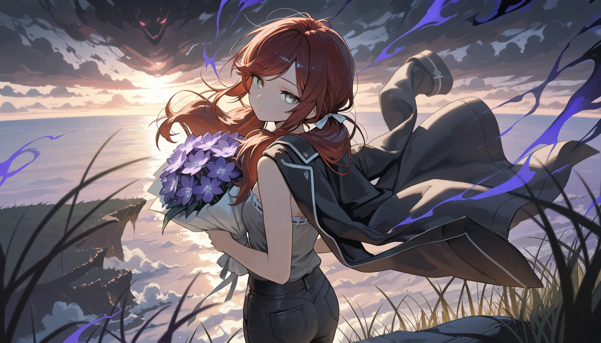 (masterpiece:1.2, Best Quality), (finely detailed beautiful eye: 1.2), (beautiful detailed face), (masterpiece:1.2, Best Quality), (finely detailed beautiful eye: 1.2), (beautiful detailed face),from above, from behind, looking out to sea, storm clouds, dark aura, dark energy, bristly hair, glowing eyes, dark aura, shadowy aura, upper body, thin girl, holding bouquet of purple flowers, expressionless, :l, Gray eyes, lifeless eyes, head tilt, dark red hair, swept bangs, low twin tails, white ribbons, strapless sleeveless shirt, gray shirt, shirt with white trim, frill trim, black coat worn over shoulders, black jeans, black nails, thin thighs, thin legs, sea in distance, shimmering sea, tall grass, atop cliff, close up, messy hair, stoic, shadowy aura, dusk, few stars,