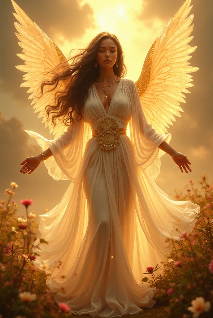 An alluring angel with dark, curly hair and luminous skin is surrounded by a halo of soft light. She is gently floating above a sea of clouds, her wings slightly spread. Her attire is a flowing, revealing robe adorned with golden accents. Her gaze is soft and calming, her presence exuding warmth and serenity. The sky around her is a beautiful blend of warm sunset colors, creating a peaceful and relaxing ambiance. Aim for realistic depiction, make sure photos are at highest resolution (8K)