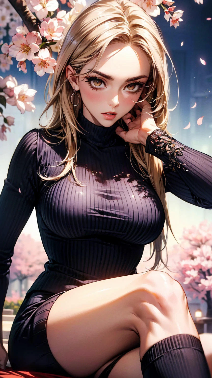 Professional photo, Huge busty, perfect round enormous breasts, Confident young milf, blonde with a powerful gaze and stunning gorgeous features. Short, stylishly tousled hair with a side-swept fringe. She wears a modern floral crop_bustiee with red poppies on a black background, a huge neckline, and long sleeves.