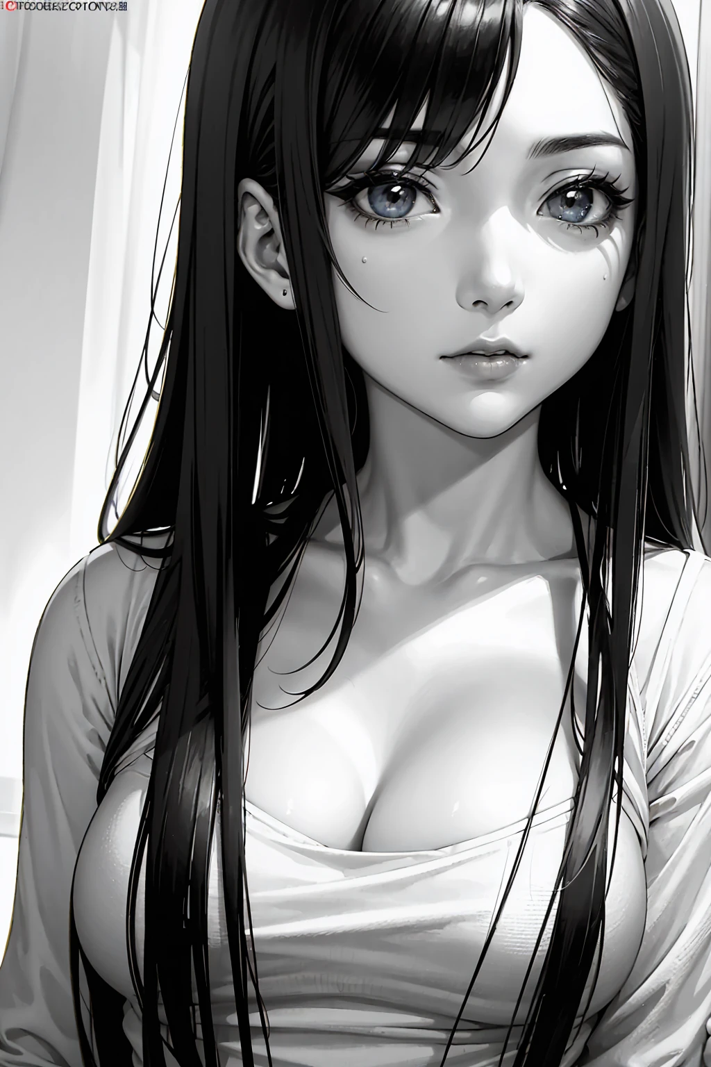 Monochrome grayscale, masterpiece、top-quality、hight resolution、High-quality images、8K, 1 woman、skin gloss、Texture of skin and clothing、Detailed eye expression、Lustrous hair、pencil painting、Drawing of a girl with long hair, Manga inspired by Lee Jong-suk, trending on deviantart, Realism, detailed manga style, manga art style, perfect lineart, beautiful line art, ((black and white manga style, in style of manga, Pencil drawing)), comic drawing style, beautiful drawing style, high quality sketch art, High quality sketching, digital manga art girl, kpop idol, t-shirt, denim jeans, long black hair, detailed brown eyes, plump lips, (seductive smile expression), kiss, making like she wants to kiss you, view from viewer, medium breasts, flirtatious look, ((very detailed)), (perfectly detailed face), (well detailed hand) photorealistic image, japanese hime cut hairstyle, cowboy shot