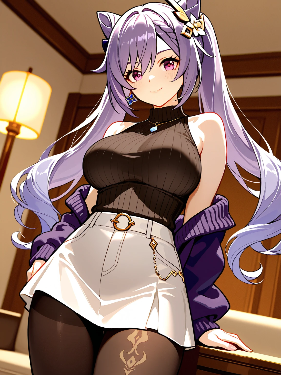 (masterpiece, best quality), absurdres, illustration, cowboy shot, 1girl, solo, green eyes, purple hair, gradient hair, multicolored hair, pink hair, bangs, very long hair, (double bun:0.7), medium breast, virgin destroyer sweate, turtle neck, detached sleeves, garter straps, thighhighs, smile, indoors, bedroom