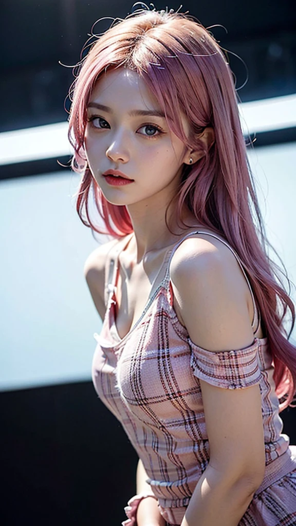 glowing skin, lips, sacimaer detailed skin, Beautiful face and detailed pink eyes, Spotlight, professional lighting, 1 girl, Alone, long hair, wearing a colorful outfit, natural pose, lips, indoor, realistic, I want the whole image be created, face and body of blackpink's Jennie kim with red hair and in four places with different poses doing random things taking selfies, selca format in the city